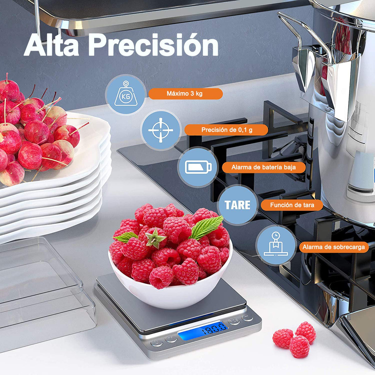MESVIER Bascula de Cocina Digital, Bascula de Alimentos Báscula Digital Multifuncional, 0.1g-3Kg, Acero Inoxidable - Baterías Incluidas