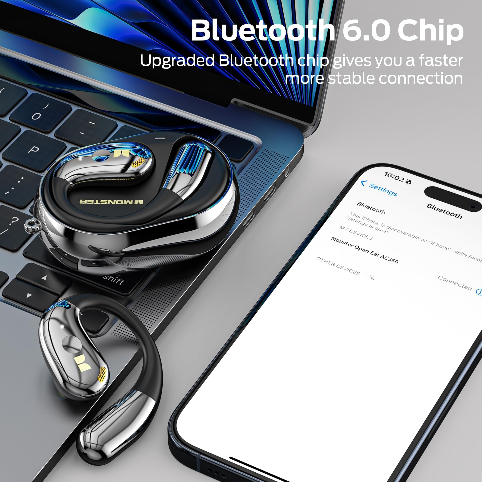 Monster Open Ear AC360 Audífonos, Auriculares Bluetooth Rotativos con Cordón, Bluetooth 6.0 Mejorado, Ultra Cómodos, Llamada Clara, Control Táctil, 24h de Reproducción, Resistente al Agua IPX5, Negro