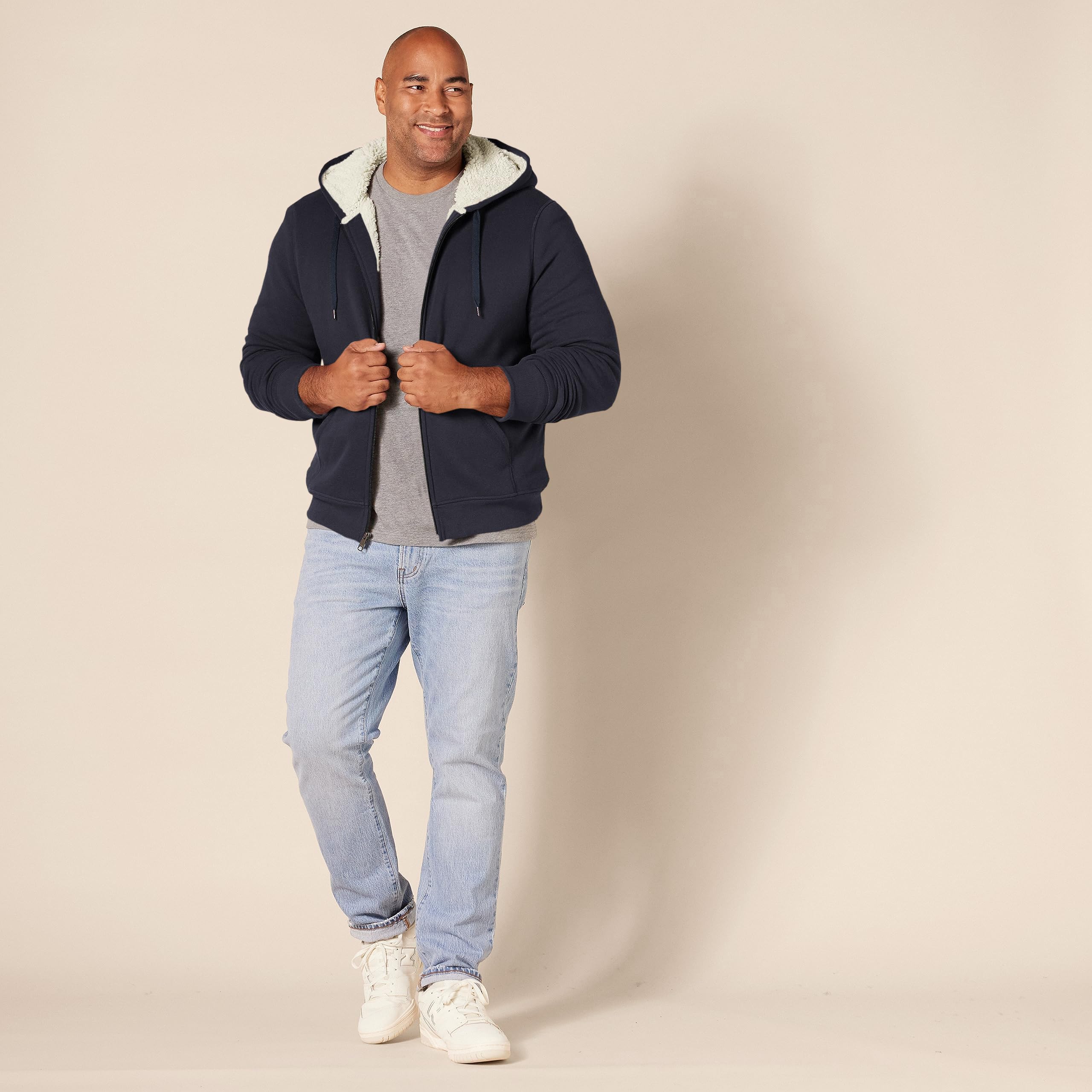 Amazon Essentials - Sudadera de forro polar con capucha y cremallera completa para hombre, color azul marino, talla M