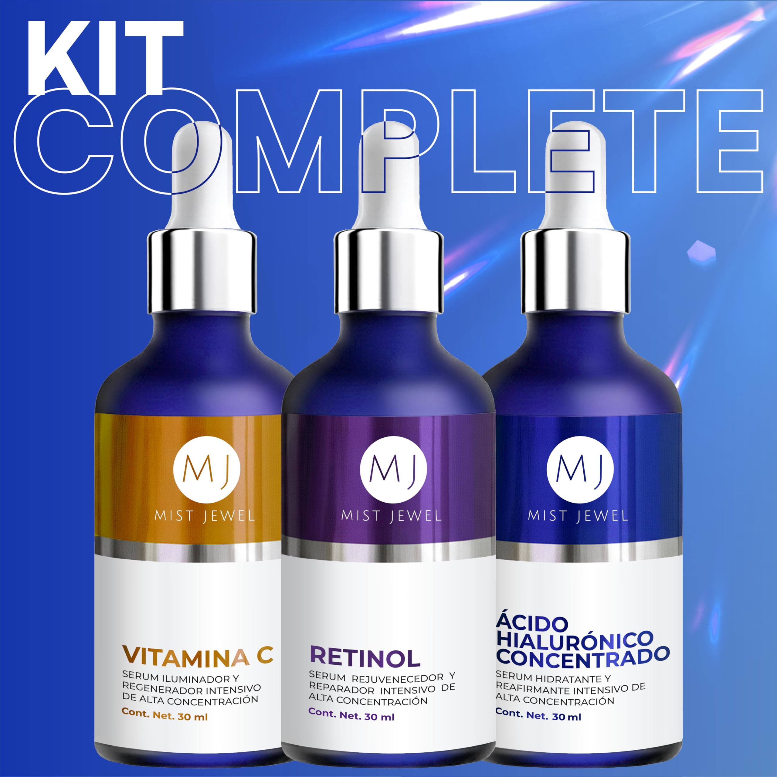 MIST JEWEL Kit de Skincare con 3 Serums Faciales: Vitamina C, Retinol y Ácido Hialurónico + Vitamina E | Rutina de sueros faciales Antiedad, Hidratante, Iluminadora Día y noche (KIT facial complete)