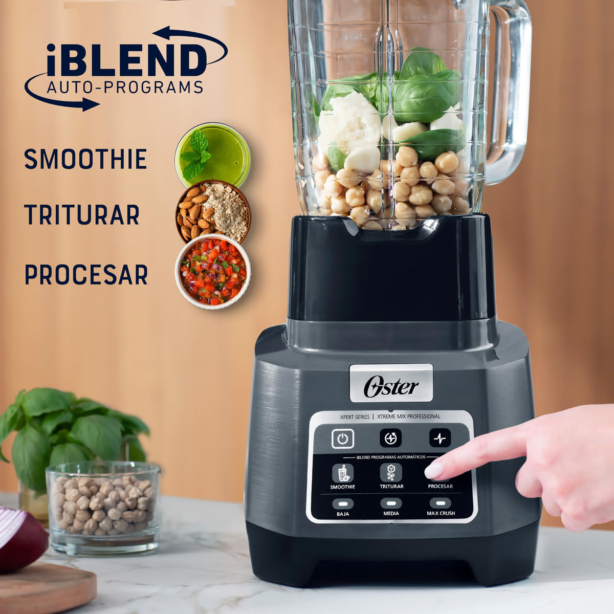 Oster Licuadora Profesional XTREME MIX con iBLEND y MAX CRUSH, 1500 W, 2 L, Jarra de Vidrio Boroclass, Tecnología Reversible, Vaso Blend-N-Go, Gris