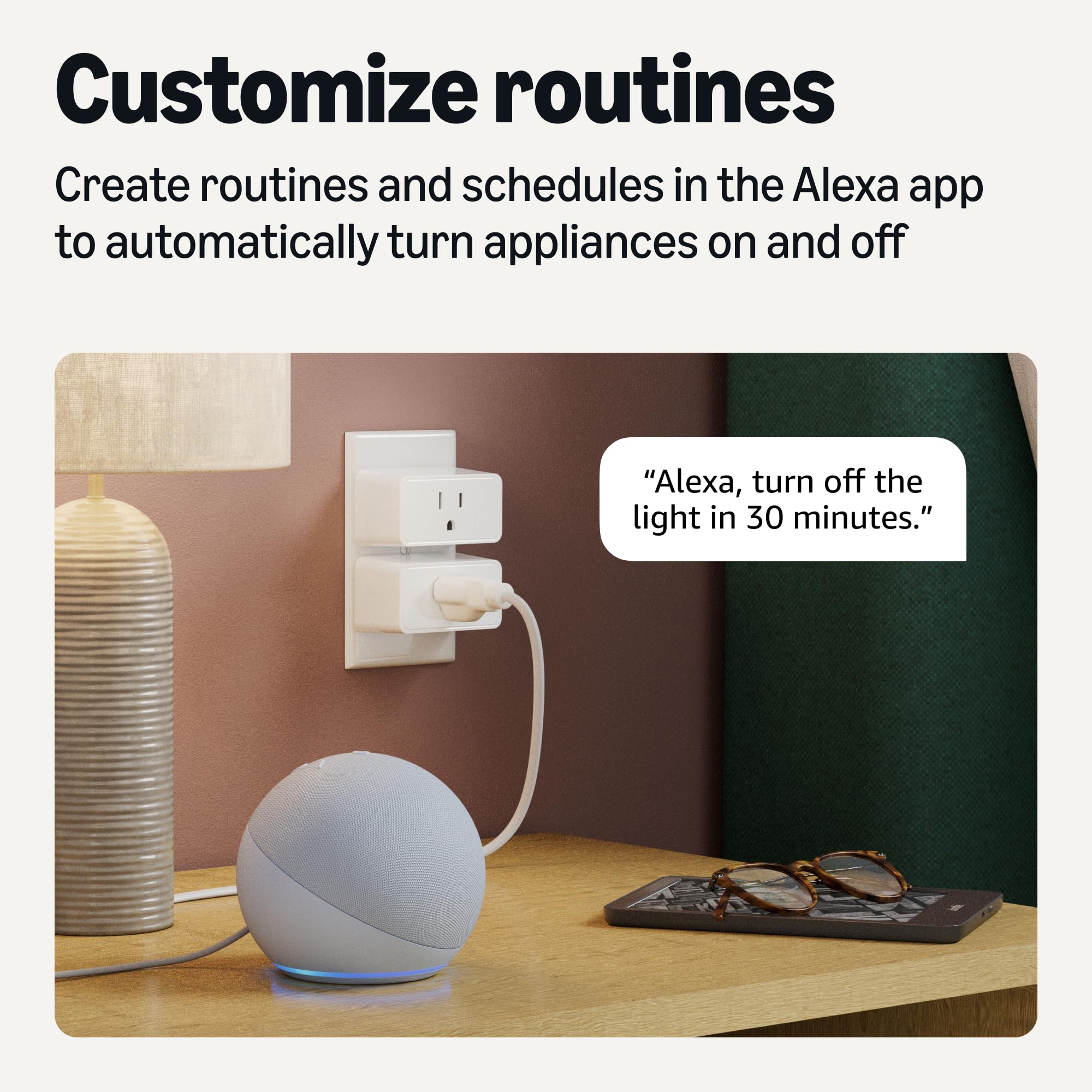 Amazon Basics Enchufe inteligente, funciona solo con Alexa, Wi-Fi de 2.4 GHz, no requiere otros dispositivos, paquete de 1, blanco