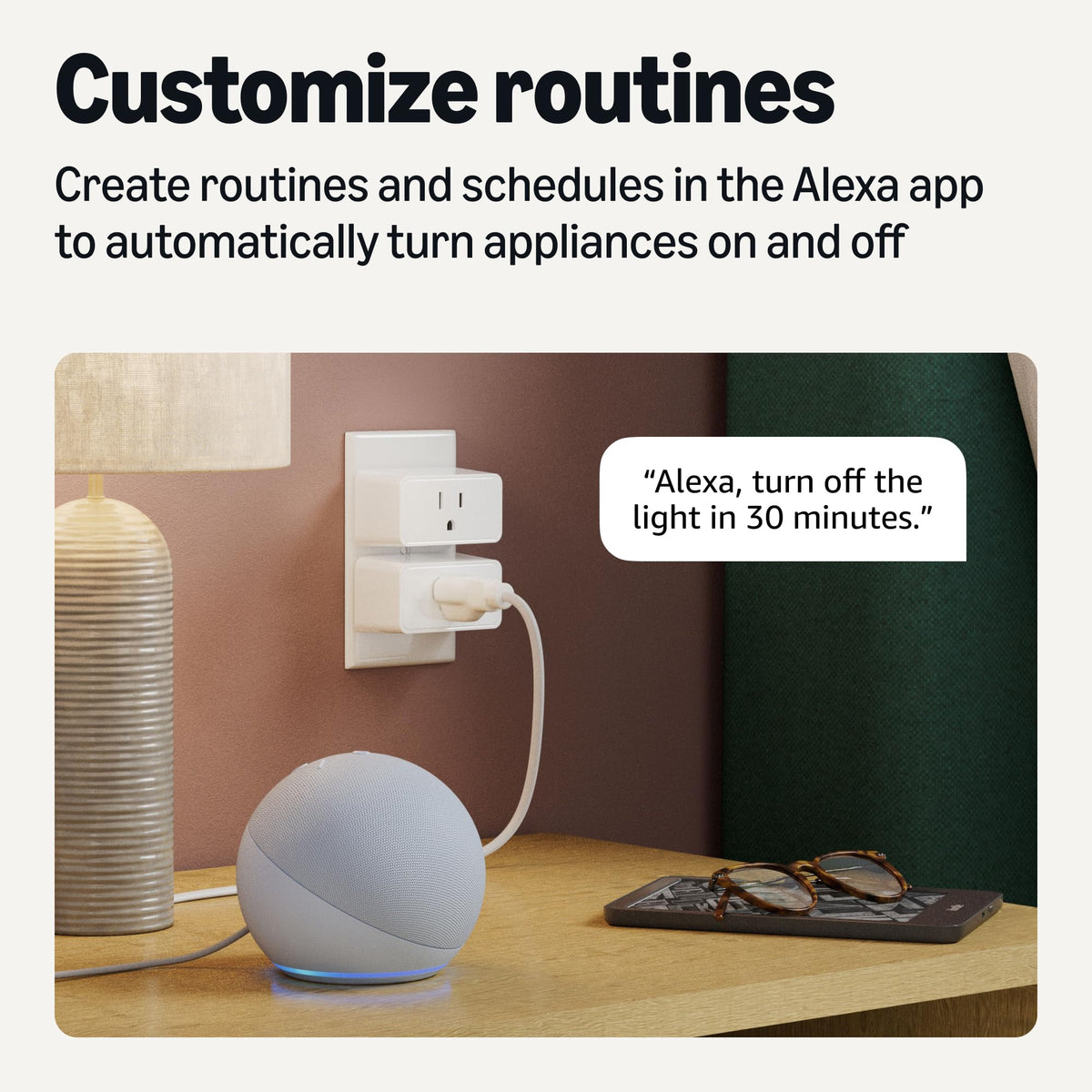 Amazon Basics Enchufe inteligente, funciona solo con Alexa, Wi-Fi de 2.4 GHz, no requiere otros dispositivos, paquete de 1, blanco