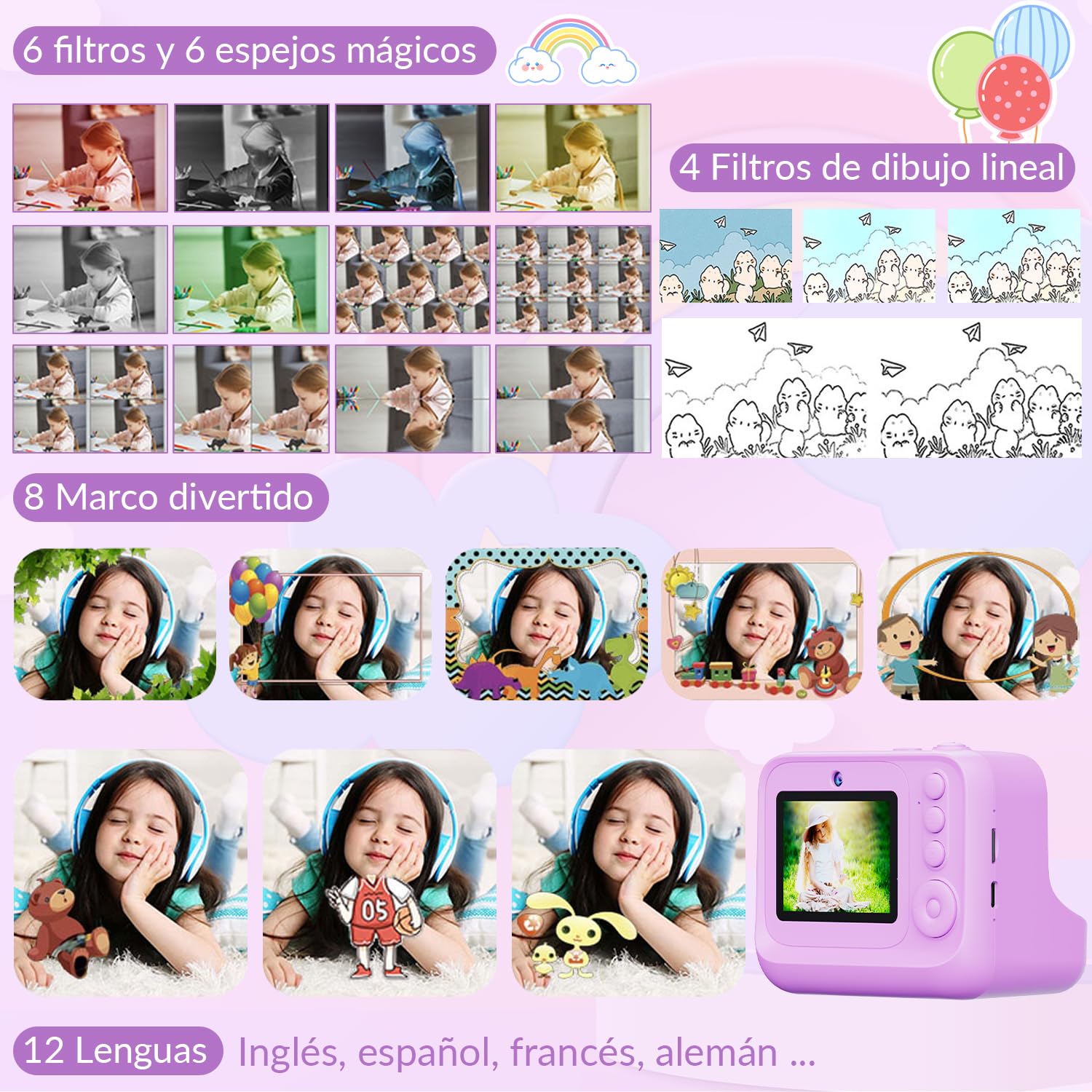 SlowTon Cámara Instantánea para Niños de Impresión, Cámara Digital Infantil Instanea Sopotar Selfie Vídeo, 2.4'' 1080P HD Cámara Infantil con Tarjeta de 32GB y Flash, Regalo para Niños de 3 a 12 Años