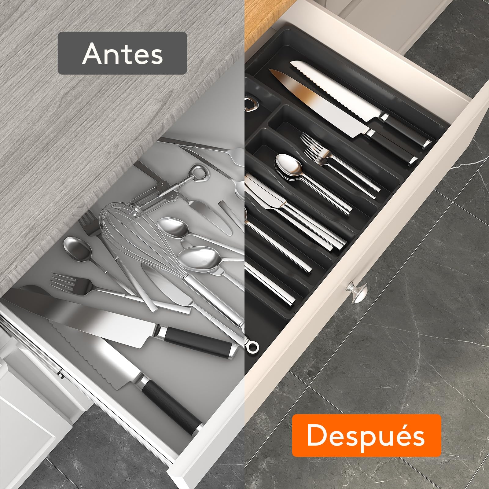 Lifewit Organizador de Cubiertos, Bandeja para Cubiertos Extensible, Cubertero para Cajón para Menaje, Organizador de Cubertería Ajustable y Compacto para Cucharas Tenedores Cuchillos, Grande, Negro