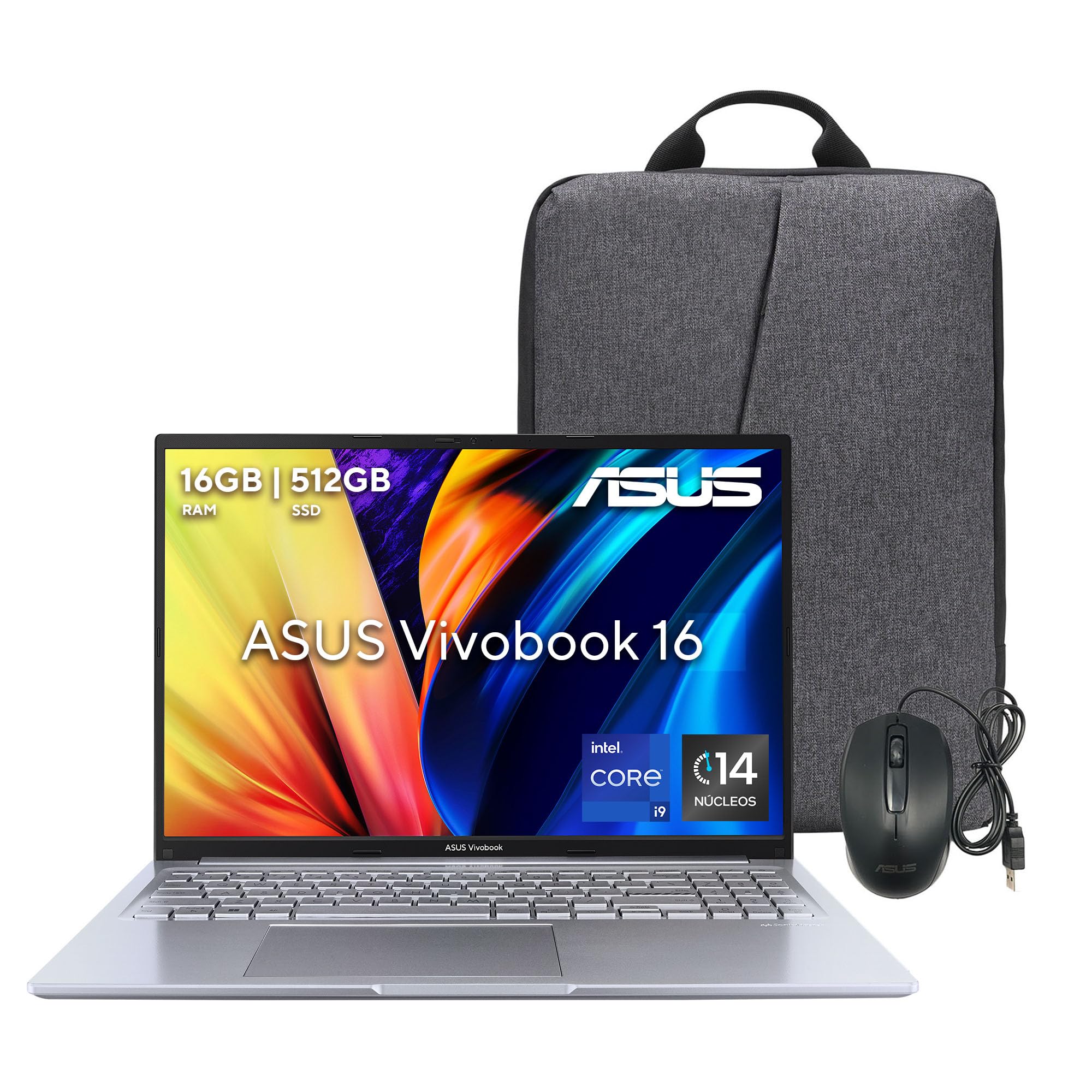 ASUS Laptop Vivobook 16/16" WUXGA/Intel Core i9 13va 14 núcleos/16GB RAM/512GB SSD/Cámara HD/Teclado Retroiluminado con Teclado númerico en español/Mouse y Mochila(Garantía y Servicio en México)