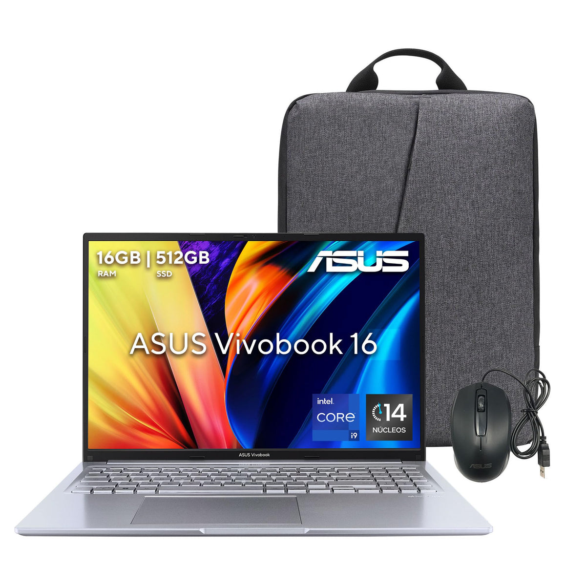 ASUS Laptop Vivobook 16/16" WUXGA/Intel Core i9 13va 14 núcleos/16GB RAM/512GB SSD/Cámara HD/Teclado Retroiluminado con Teclado númerico en español/Mouse y Mochila(Garantía y Servicio en México)