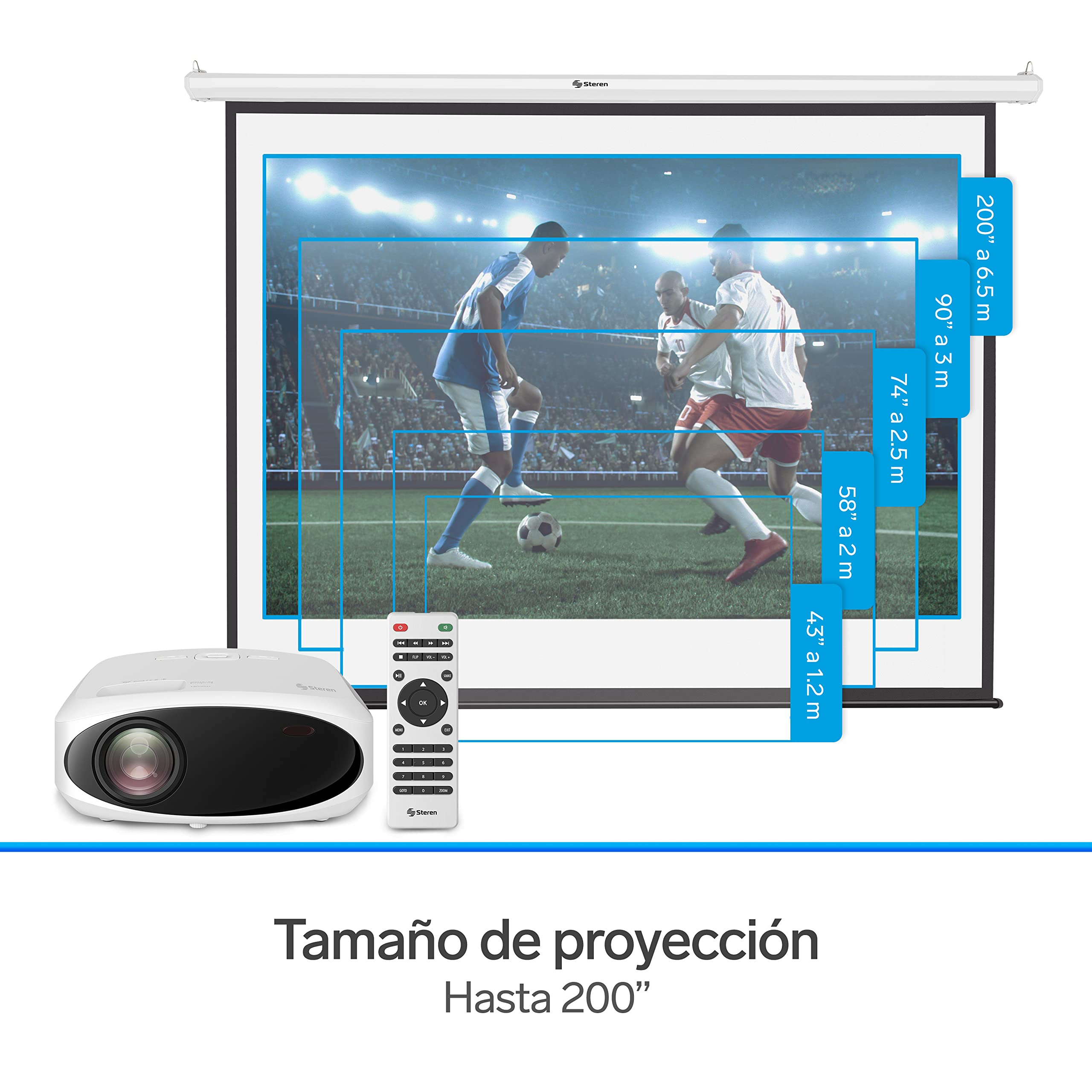 STEREN PRO-400 Proyector Multimedia Full HD de 9 000 lúmenes 280 ANSI Lumen portátil, proyección hasta 200”, con Control Remoto, 2 entradas HDMI, 1 Entrada AV 3,5 mm, 1 Entrada USB,1 Entrada microSD