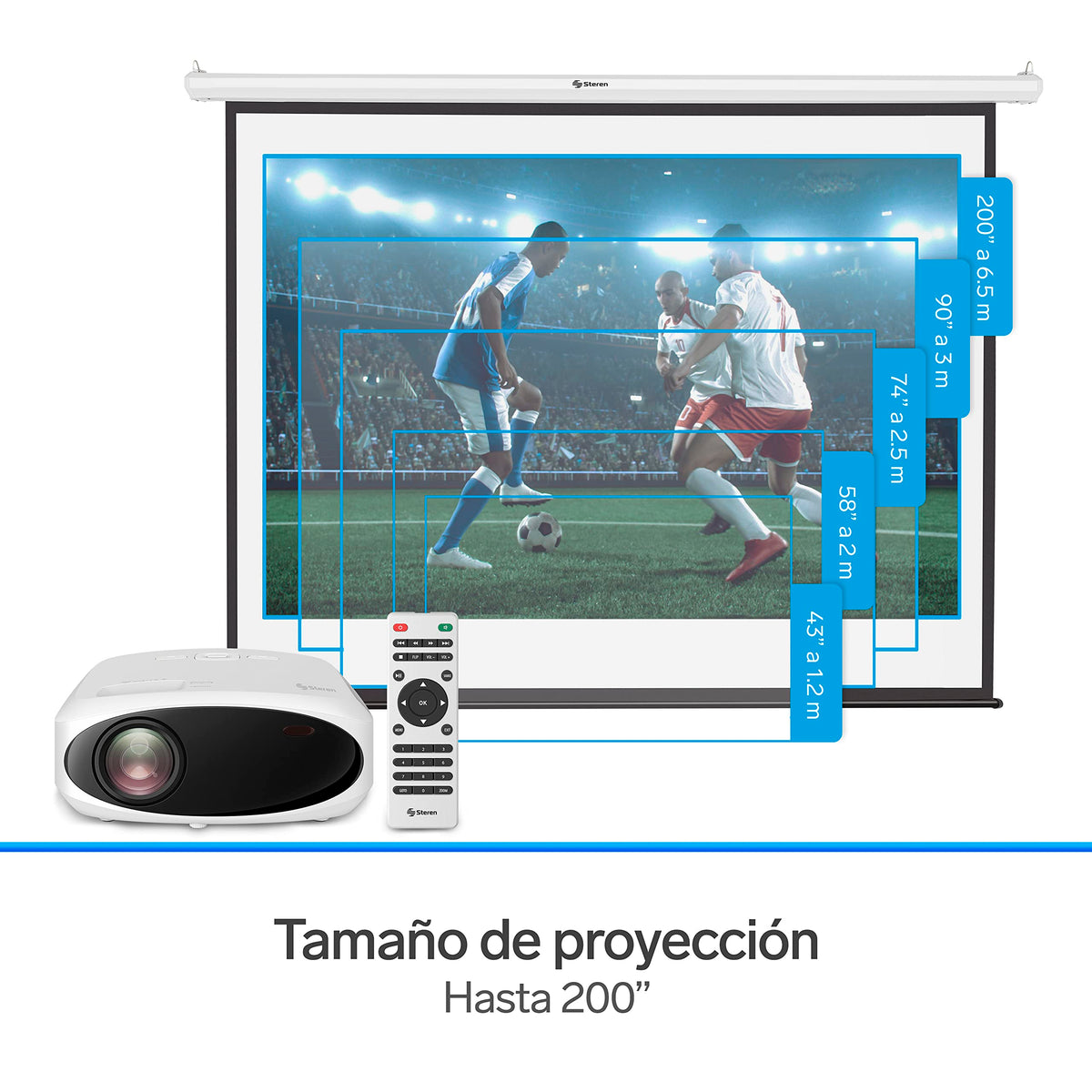 STEREN PRO-400 Proyector Multimedia Full HD de 9 000 lúmenes 280 ANSI Lumen portátil, proyección hasta 200”, con Control Remoto, 2 entradas HDMI, 1 Entrada AV 3,5 mm, 1 Entrada USB,1 Entrada microSD