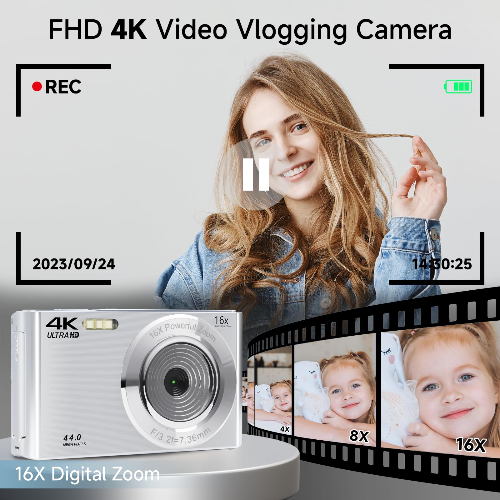 Cámara digital, SMARTKLIK 2026 4K Cámaras digitales con enfoque automático para adolescentes, cámara plateada de punto y disparar para niños con zoom 16X, tarjeta SD de 64GB, compacta y pequeña para