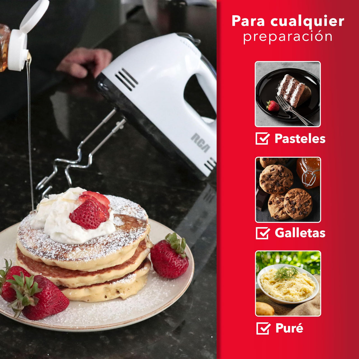 RCA Batidora de Mano RC-093 con 7 Velocidades, Motor de 100 W, Accesorios de Acero Inoxidable, Diseño Compacto, Portátil y Ligero, Ideal para Repostería, Mezclar Masa y Preparación de Alimentos.