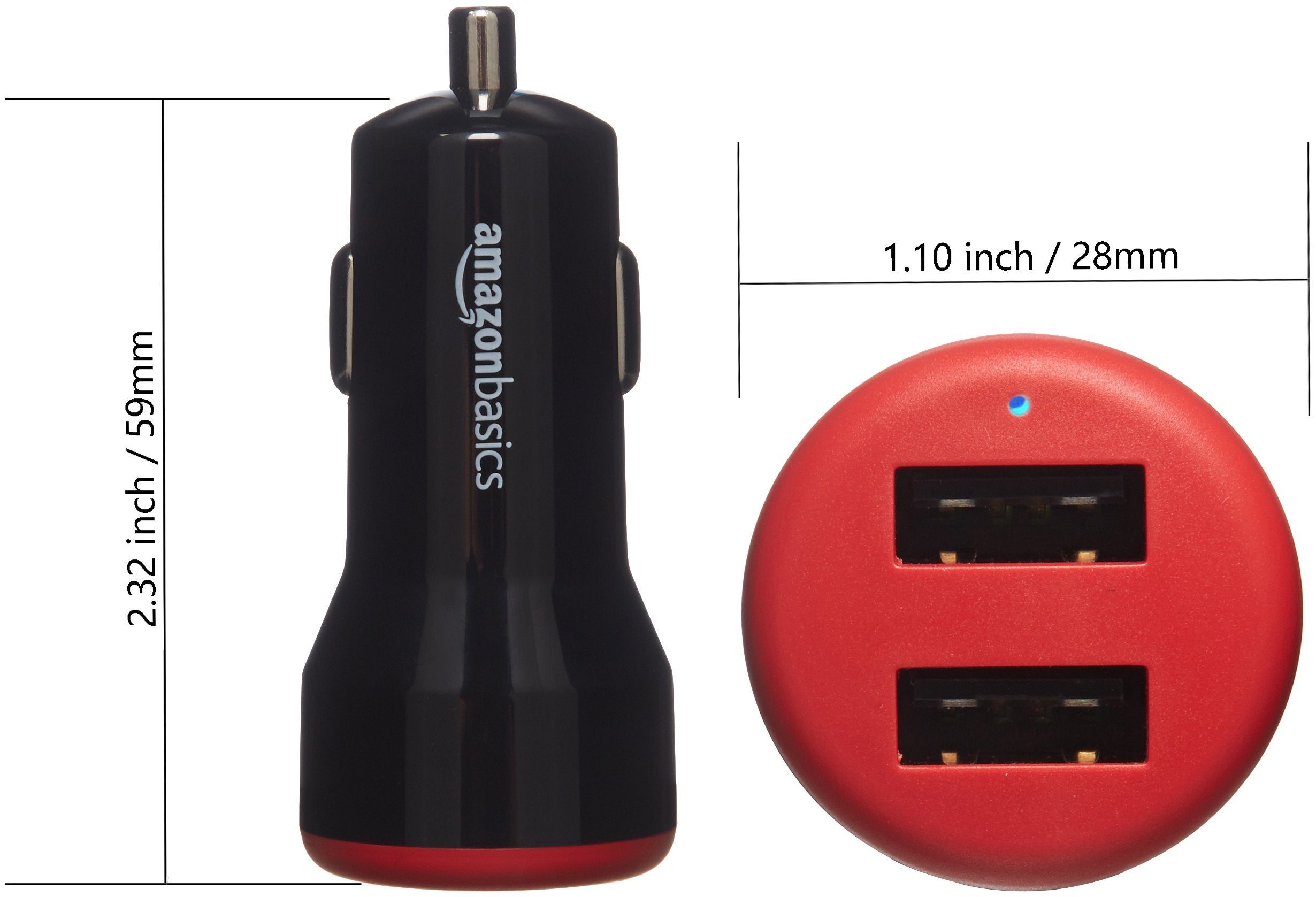 Amazon Basics - Adaptador de cargador de coche USB de doble puerto para dispositivos Apple y Android, 4.8 amperios, 24 W, negro y rojo