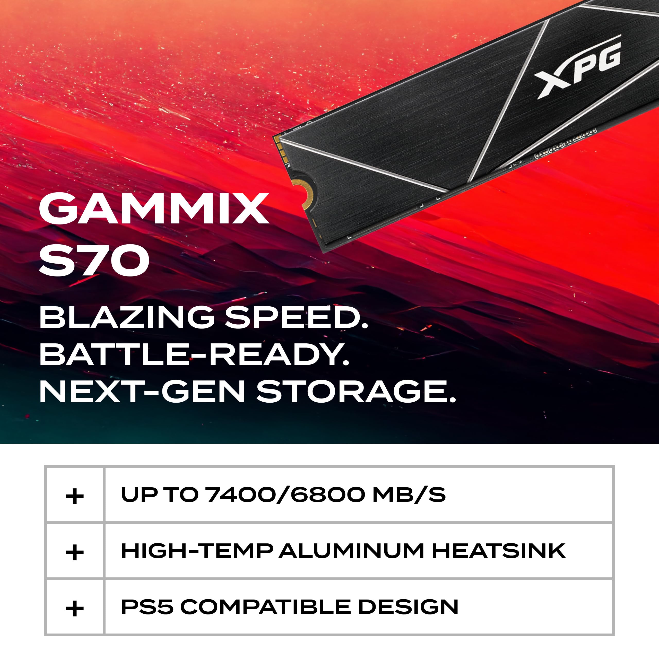 ADATA XPG XPG GAMMIX S70 Blade, Unidad de Estado Sólido SSD PCIe Gen4x4 M.2 2280, Rendimiento de Lectura/Escritura de 7400/6800 MB/s, 2TB (AGAMMIXS70B-2T-CS)