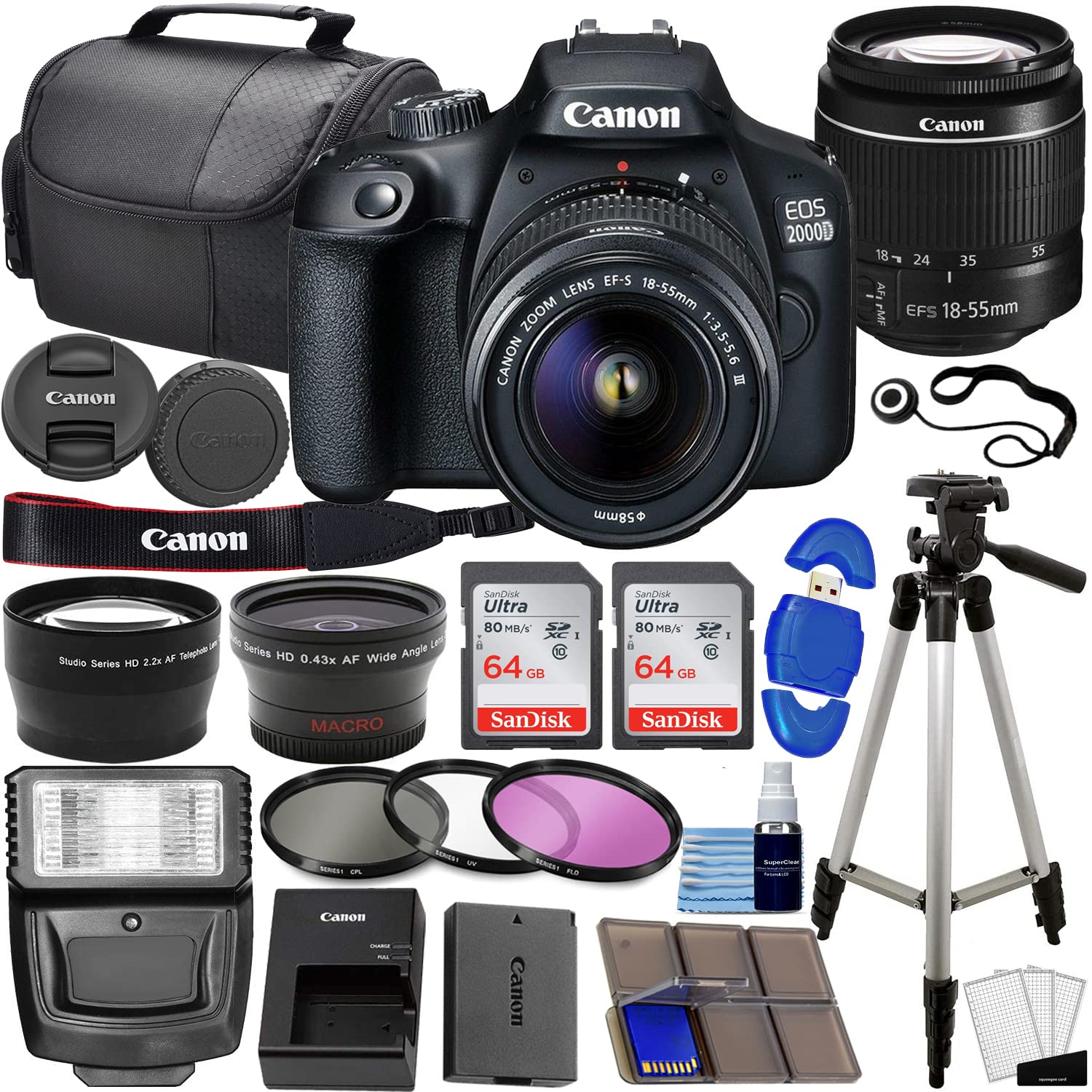Canon EOS 2000D / Rebel T7 Cámara réflex digital con EF-S 18-55mm f/3.5-5.6 lente 3 kit de lentes: 128GB memoria + gran angular + teleobjetivo + flash