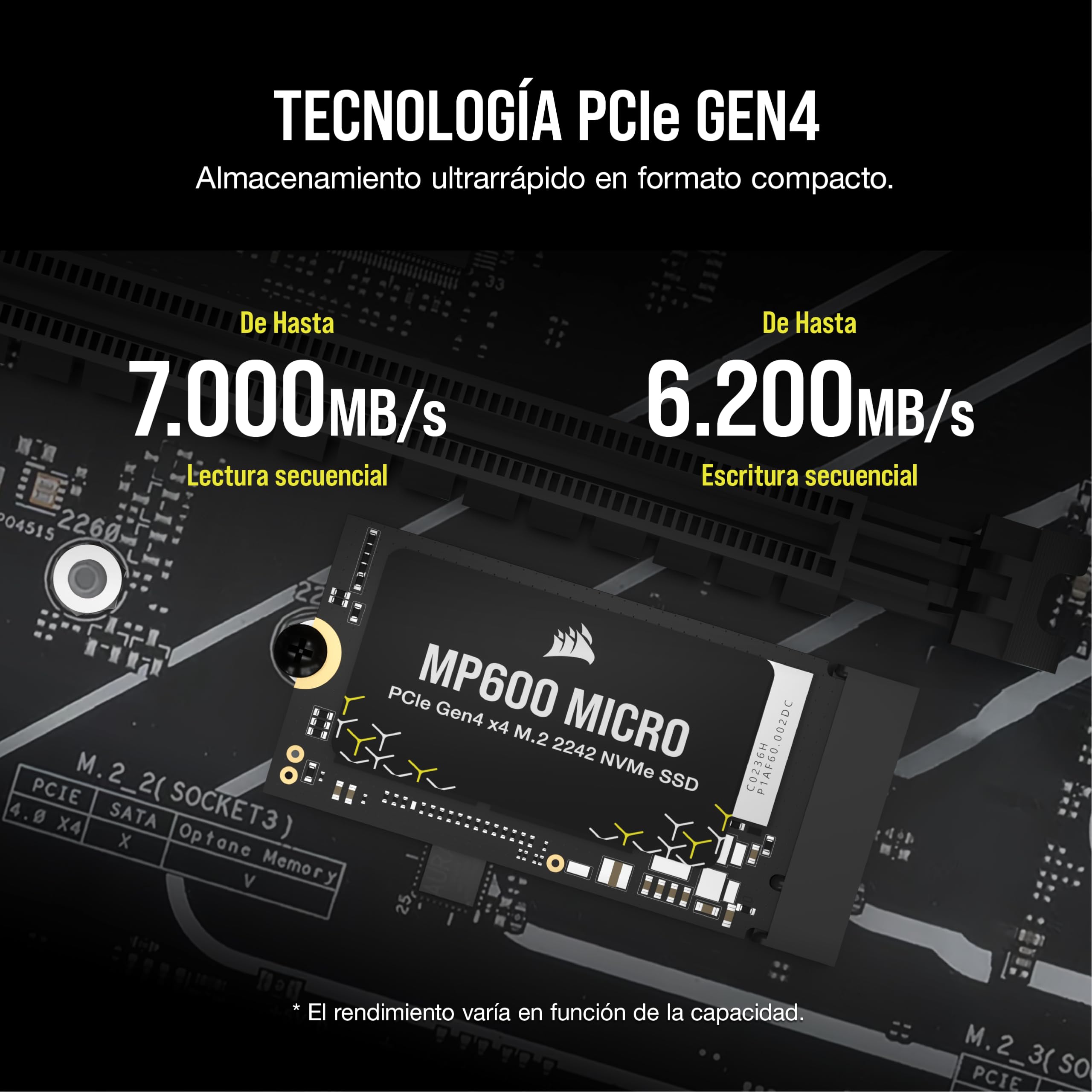 Corsair MP600 Micro 1TB M.2 NVMe PCIe x4 Gen4 SSD – M.2 2242 – hasta 7.000 MB/s de Lectura Secuencial – Compatible con Los Portátiles Lenovo Legion Go y Thin PCIe 4.0 – Negro