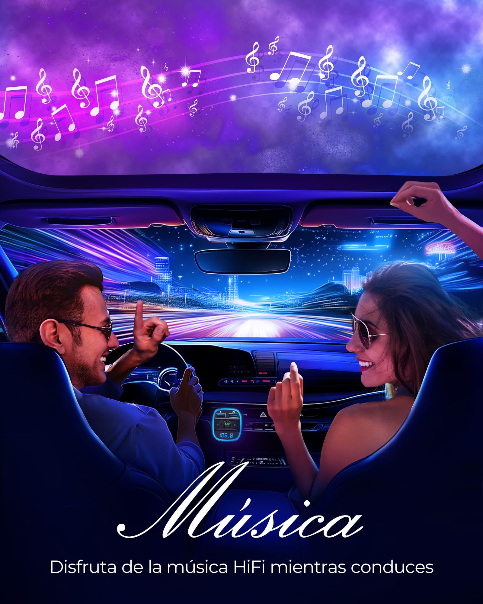 LENCENT Transmisor FM Bluetooth para Auto, Reproductor Música para Carro, Adaptador Bluetooth Coche con Dual USB 5V/2.4A&1A, Soporta Tarjetas SD, Memoria USB, Llamadas Manos Libres, Asistente de Voz