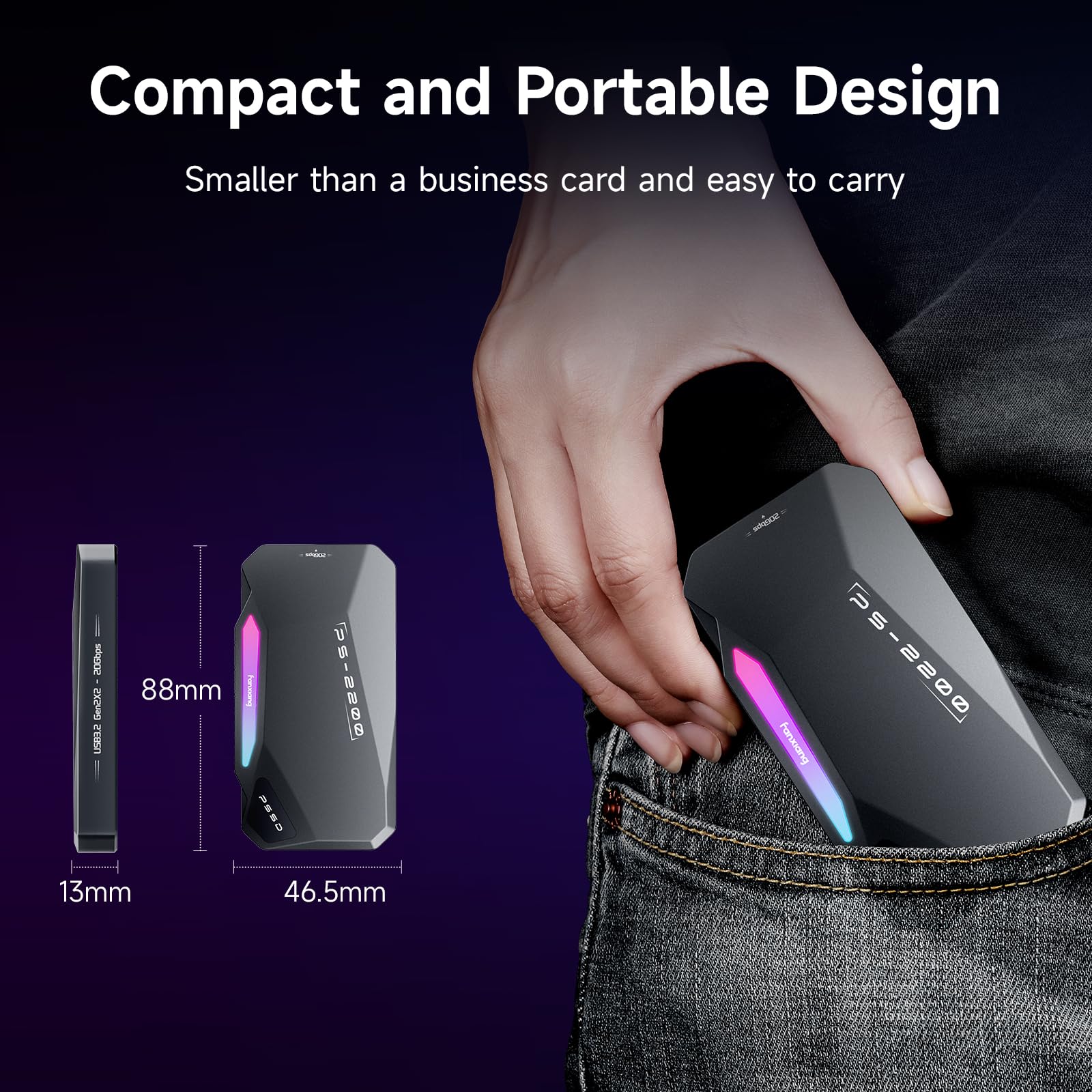 SSD Portátil Magnético 1TB, 2050MB/s, SSD Externo USB 3.2 Gen 2x2, Grabación y Almacenamiento 4K ProRes, Aleación de Aluminio, Iluminación RGB Táctil, para iPhone 15/16/17, Android, PC y Mac, PS2200