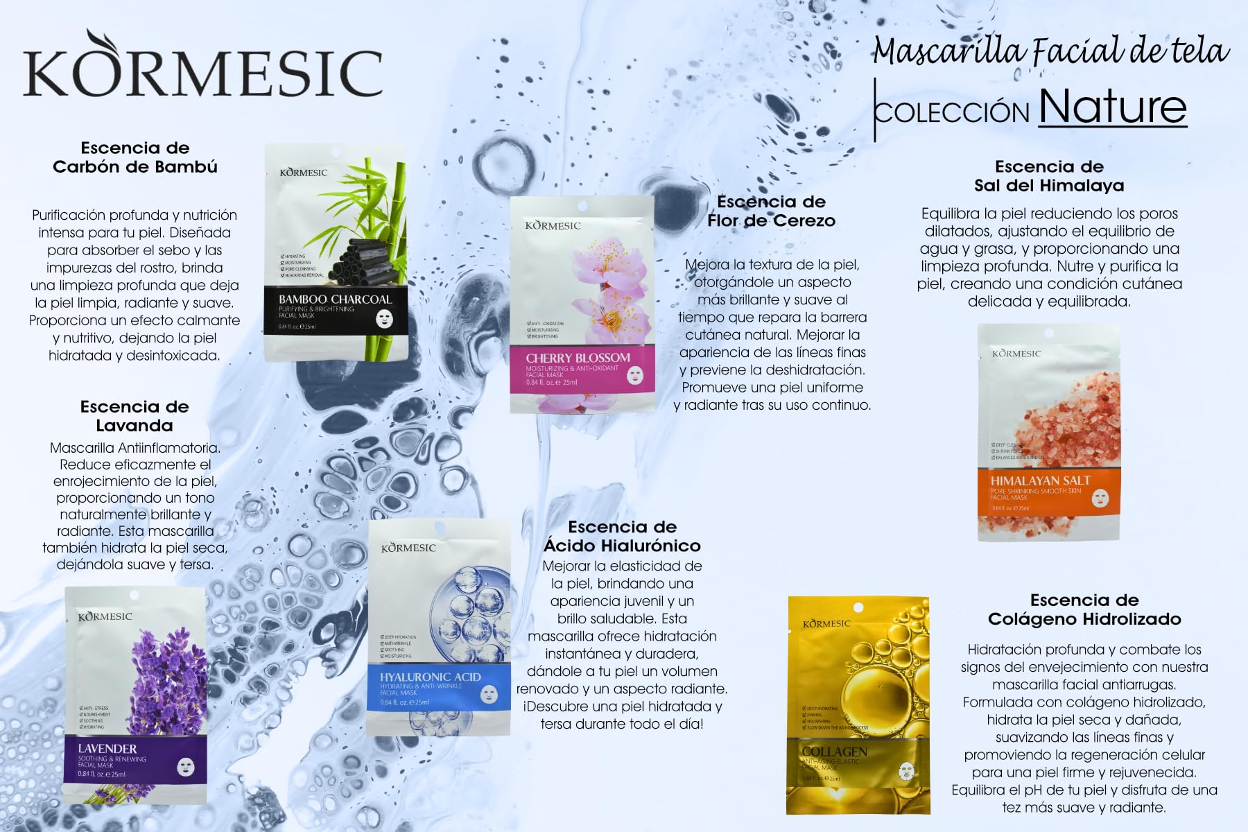 Kit de 15 Mascarillas faciales coreanas coreanas con ingredientes PREMIUM - Oro 24K, Colageno, Acido Hialuronico, Carbon de bambu, Sal de Himalaya, Flor de Cerezo, Lavanda, Aloe, Miel con Leche y mas.