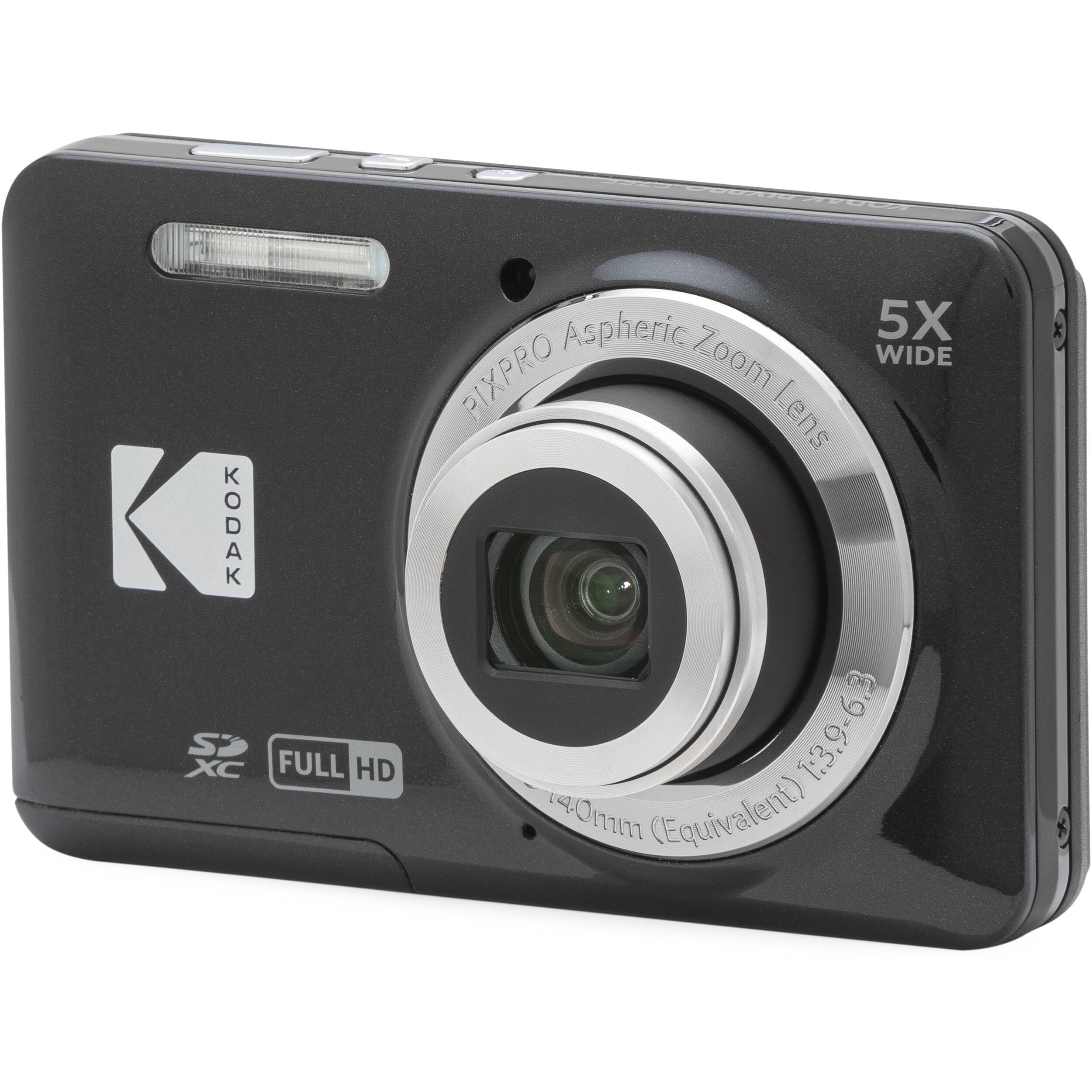 Kodak PIXPRO FZ55 - Cámara digital negra de 16 MP, zoom óptico de 5 x 28 mm, gran angular 1080P, cámara LCD Full HD de 2,7 pulgadas, tarjeta y lector de 64 GB, funda + portafolios de memoria + trípode