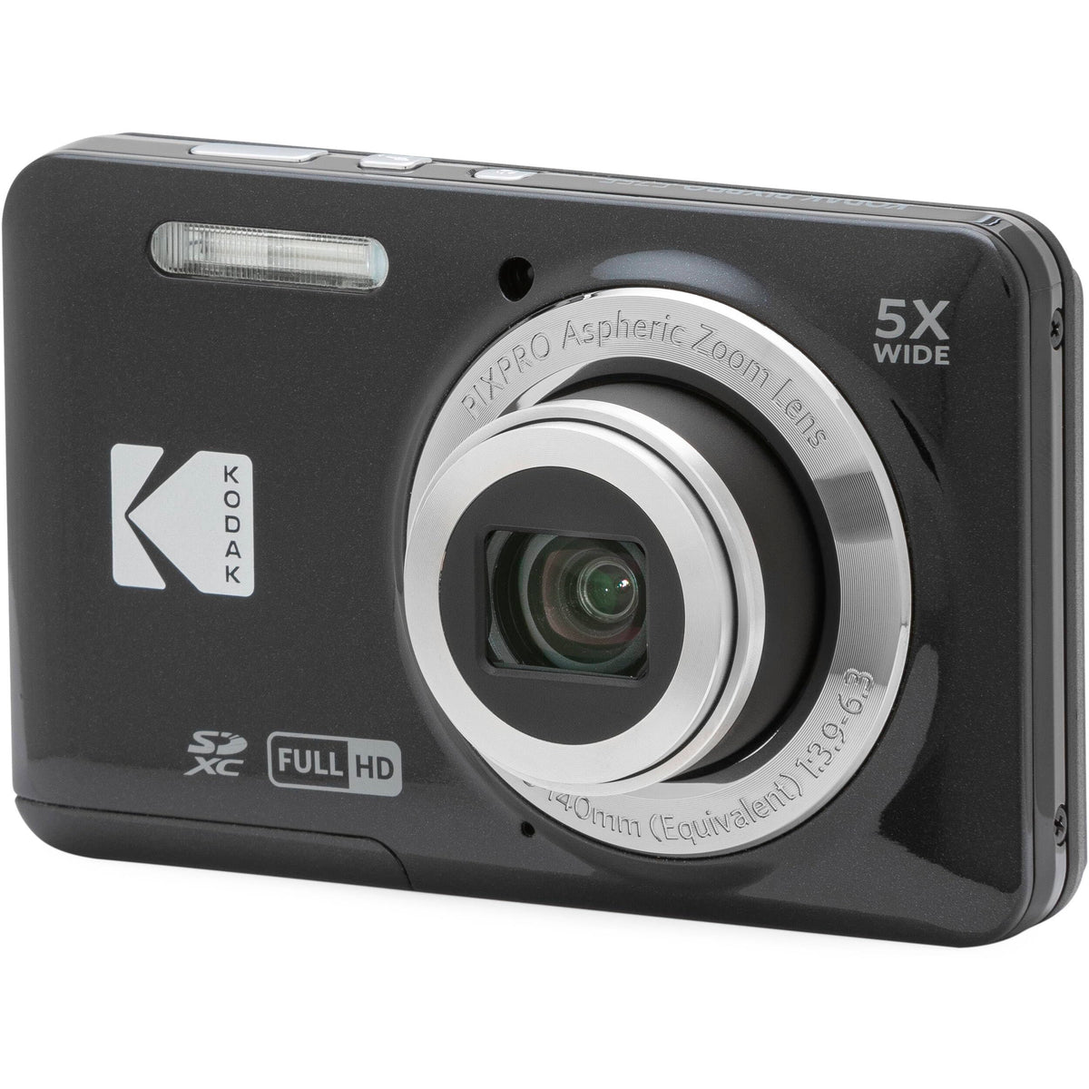 Kodak PIXPRO FZ55 - Cámara digital negra de 16 MP, zoom óptico de 5 x 28 mm, gran angular 1080P, cámara LCD Full HD de 2,7 pulgadas, tarjeta y lector de 64 GB, funda + portafolios de memoria + trípode