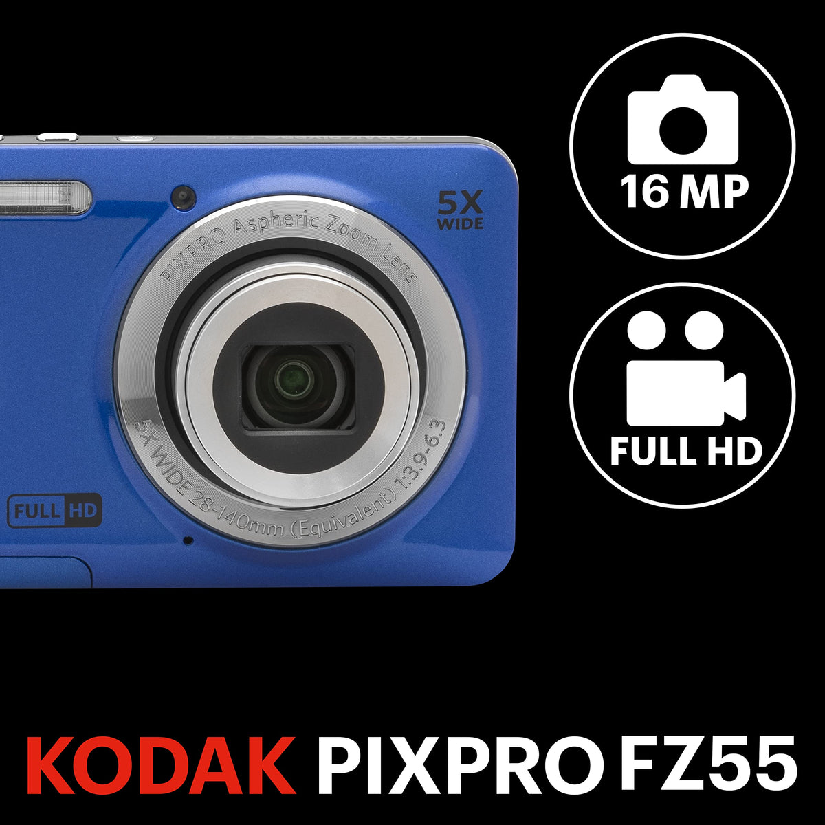 KODAK PIXPRO Friendly Zoom FZ55-BL - Cámara Digital de 16 MP con Zoom óptico 5X de 28 mm de Gran Angular y visualización LCD de 2.7 Pulgadas (Azul)