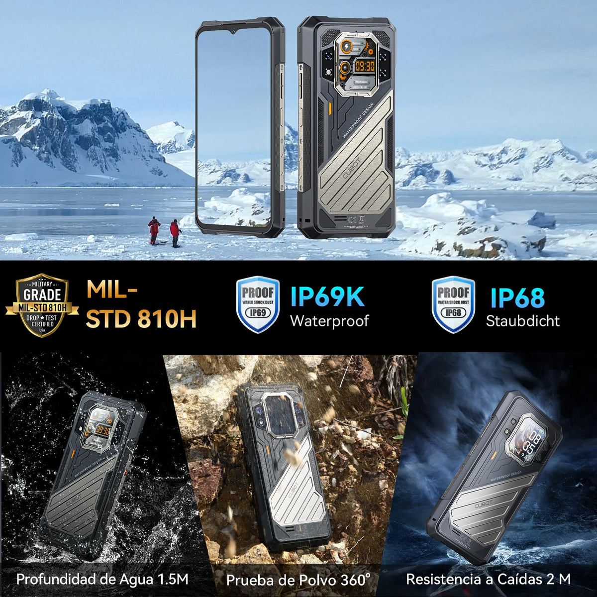 CUBOT Celular Kingkong X, 5G Rugged Smartphone Android 14 Desbloqueado,32GB(16+16 Virtual) RAM 512GB ROM,10200mAh Batería 6.58" 2.4K HD+ Pantalla, IP68/IP69K/120Hz/NFC/Huella Dactilar/Doble SIM