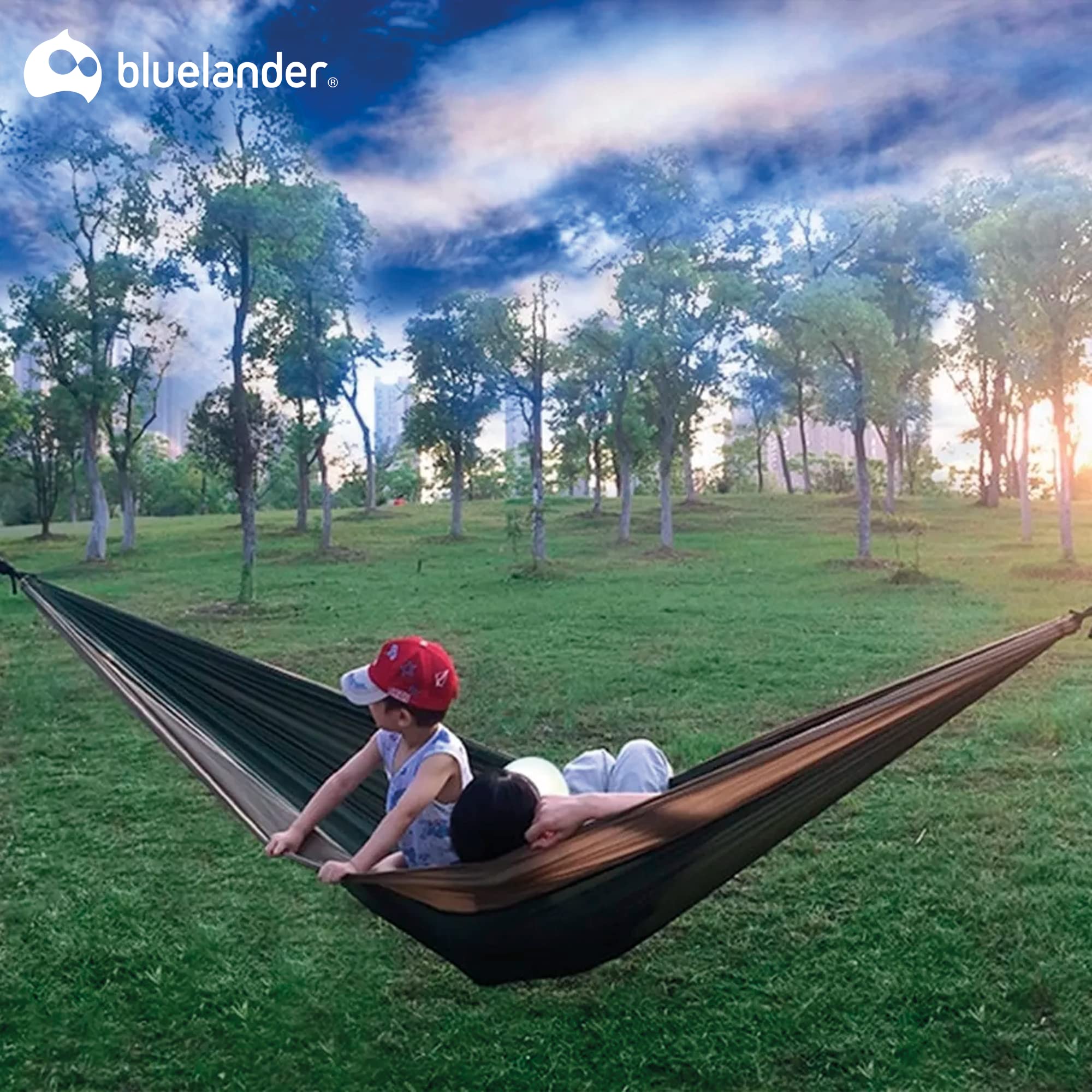 Bluelander Hamaca Portátil para Acampar de Adultos, Hamaca de Camping, Fabricada de Tela Nailon con Correas para Árboles, Excelente para Acampar al Aire Libre en Jardines y Viajes (Café/Verde)