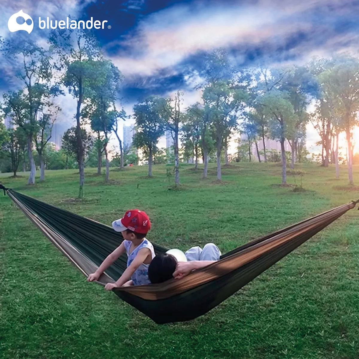 Bluelander Hamaca Portátil para Acampar de Adultos, Hamaca de Camping, Fabricada de Tela Nailon con Correas para Árboles, Excelente para Acampar al Aire Libre en Jardines y Viajes (Café/Verde)