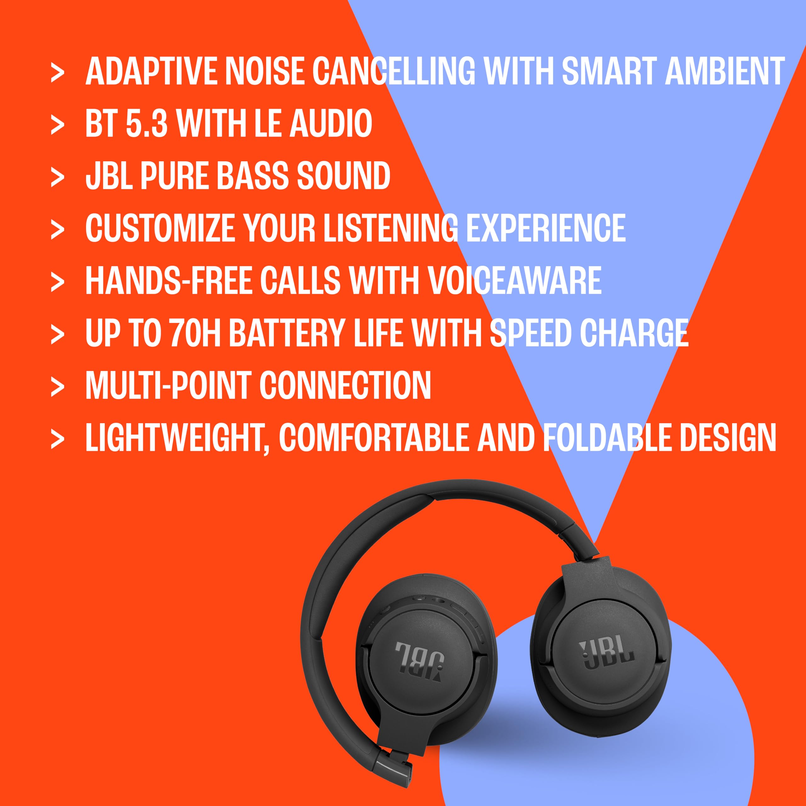 JBL Tune 770NC Audífonos Inalámbricos Bluetooth, Drivers de 40mm, Reproducción 70 Horas, EQ Ajustable - Blanco