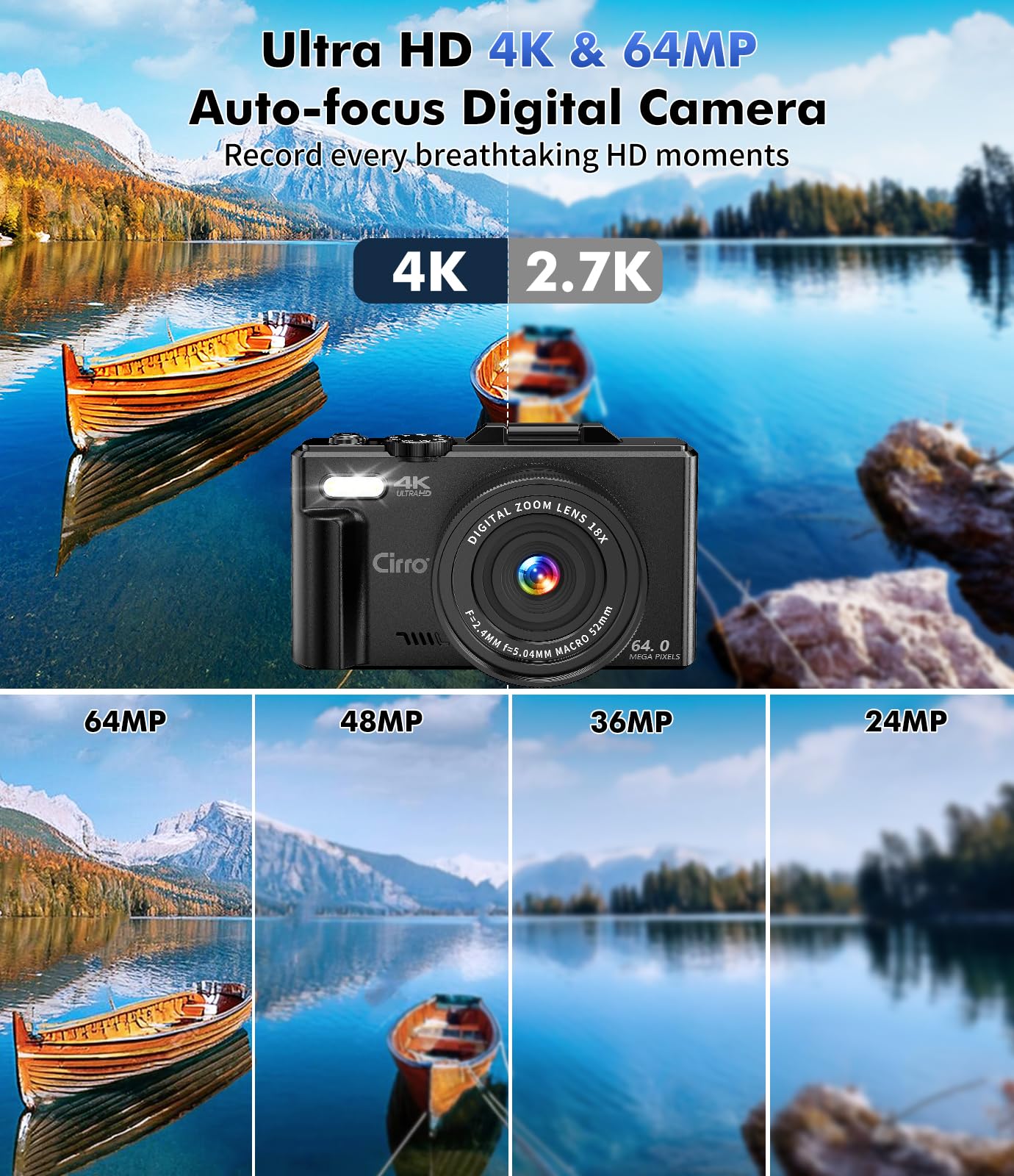 CIRRO Cámara Digital 4K para fotografía, WiFi 64MP UHD Vlogging Cámara con zoom18X, Lente súper Gran Angular, visualización abatible de 3 Pulgadas y 180°, 32 GB. por Favor identifique la Tienda