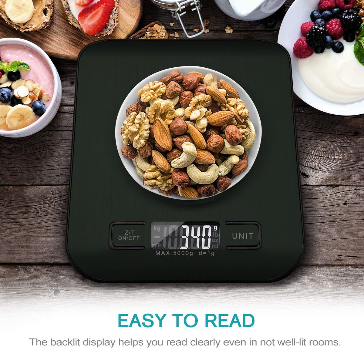 VEKENSEE Bascula de Cocina Digital de Acero Inoxidable, Multifuncional Balanza Cocina de Alta Precision Peso Cocina con Pantalla LCD y Funcion Tara Balanza de Alimentos 2 pilas Incluidas (5kg/g)