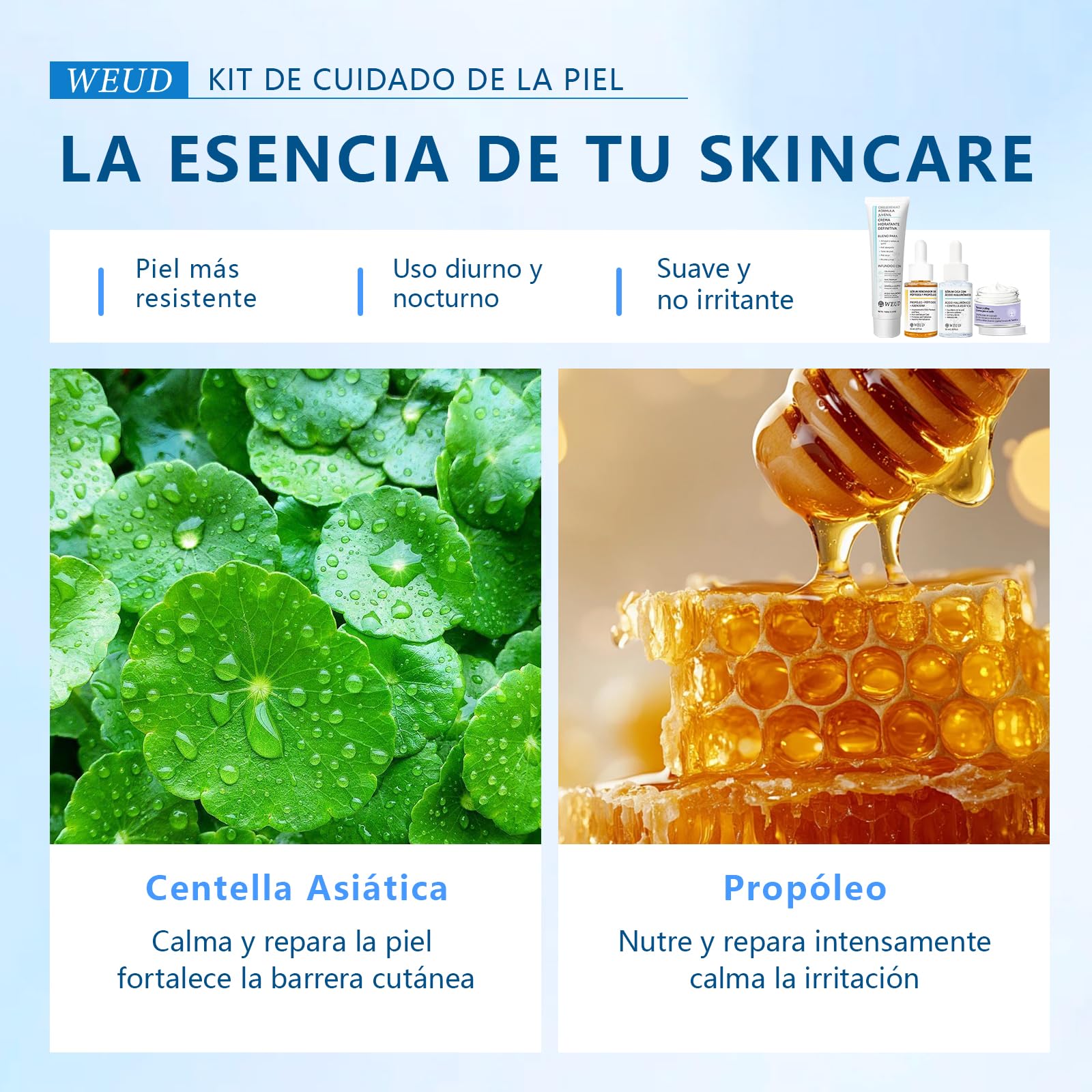 WEUD Skin Care Coreano 4 En 1 Kit, con 1 Crema Hidratante Niacinamida + 1 Crema para Cuello + 1 Serum Centella Asiatica + 1 Serum Péptidos Propóleo, Hidrata, Ilumina, Reduce Líneas Finas y Marcas de Acné