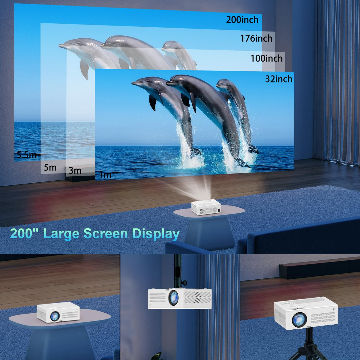 Genérico Proyector Nativo 1080P con WiFi y Bluetooth, 15000lux FHD Proyector de Cine portátil al Aire Libre para Home Theater, Compatible con iOS/Android/PC/Laptop/TV Stick/HDMI/USB