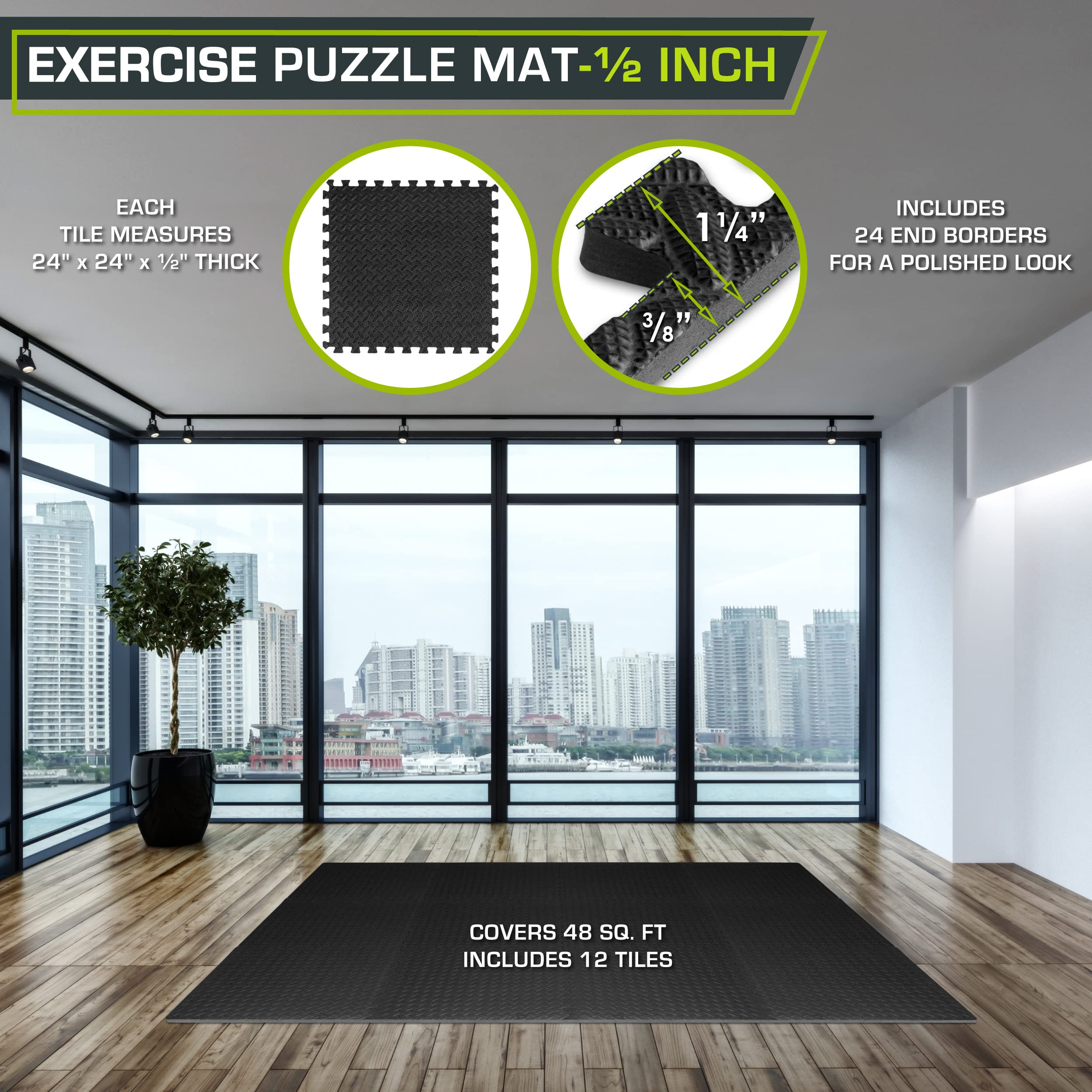 ProsourceFit Exercise Puzzle Mat 1/2-inch, EVA Interlocking Foam Floor Tiles for Home Gym, Workout Equipment, Kids Play Areas, Black, 48 SQ FT - 12 Tiles
