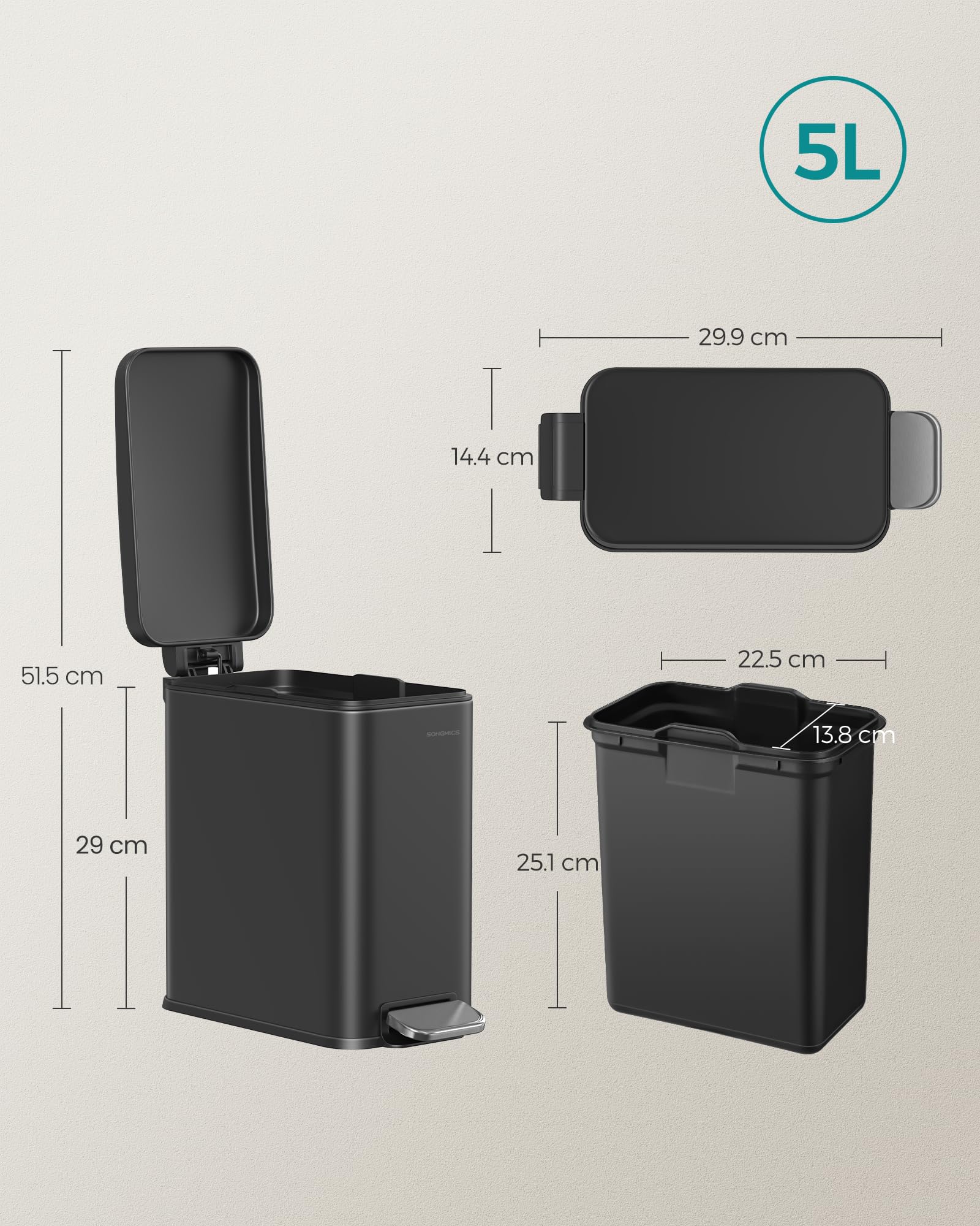 SONGMICS Bote de basura con Pedal 5L, Acero Inoxidable con Tapa de Cierre Suave, Cubo Interior Removible, Ideal para Baño y Oficina, Negro MLTB560B05