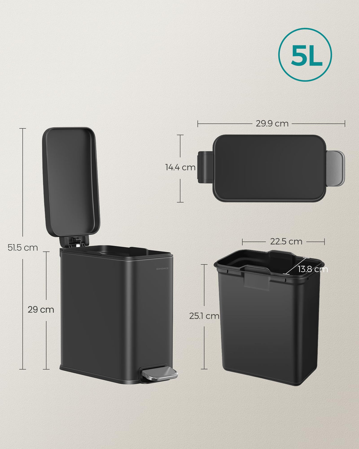 SONGMICS Bote de basura con Pedal 5L, Acero Inoxidable con Tapa de Cierre Suave, Cubo Interior Removible, Ideal para Baño y Oficina, Negro MLTB560B05