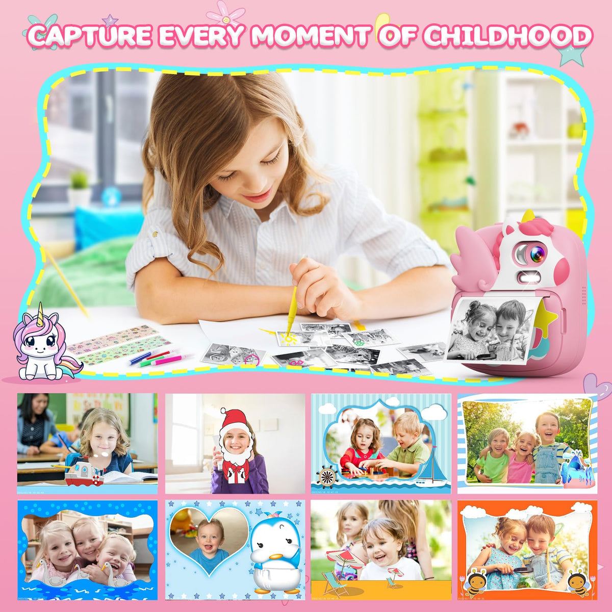 CAMCLID Camara Fotos Infantil Instantanea, 2,4 ’‘ HD 1080P Cámara Fotos Infantil con Tarjeta SD de 32G y Papel Fotográfico de Impresión, Regalos de Navidad para Niños y Niñas de 3 a 12 años (Rosa)