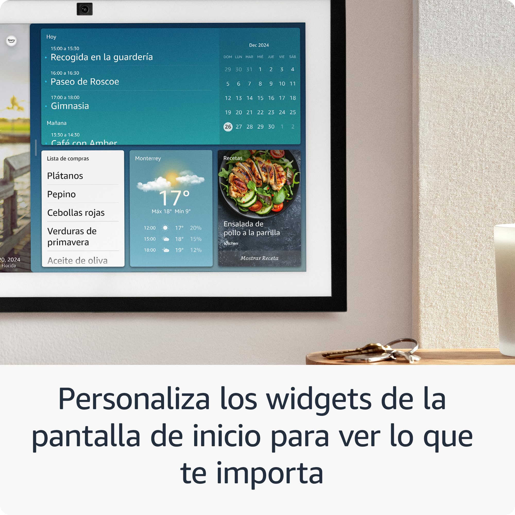 Amazon Echo Show 15 (último modelo). Hub para cocina Full HD de 15.6″ para organizar el hogar, con Fire TV integrado y control remoto por voz Alexa, con el Acceso Anticipado de Alexa+