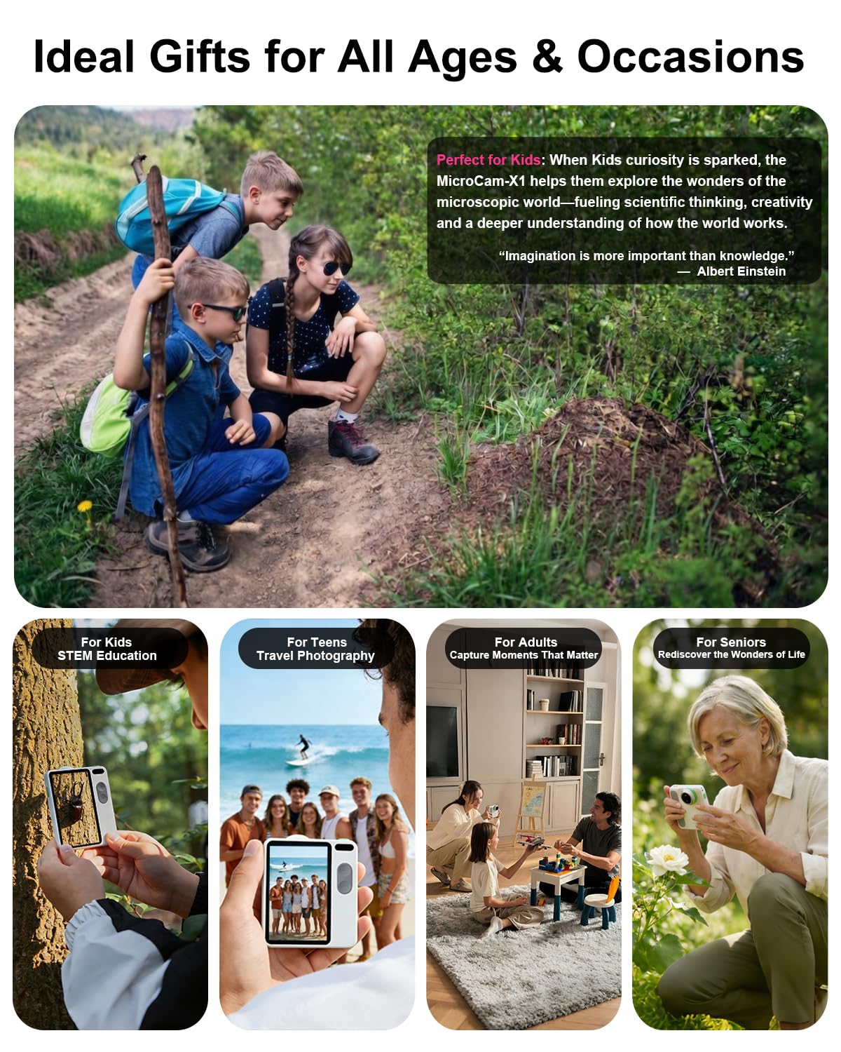 MicroCam-X1 Cámara digital 4K, sensor BSI CMOS de 12 MP, microscopio 400X, video 4K, enfoque automático, LCD de 3.5 pulgadas, cámara compacta para niños para aprendizaje STEM | apuntar y disparar