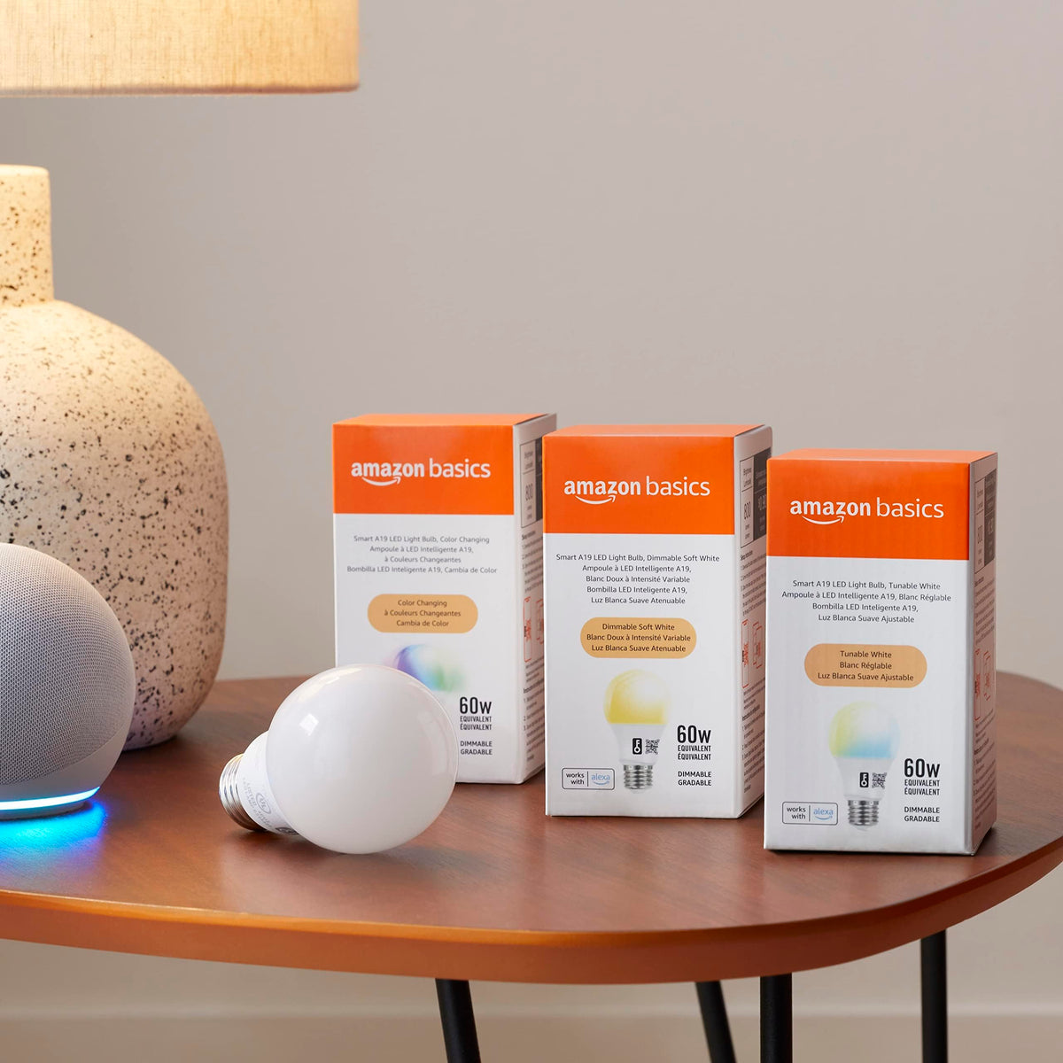 Amazon Basics - foco LED inteligente A19, cambio de color, 9 W (equivalente a 60 W), 800 LM, funciona solo con Alexa, Wi-Fi de 2.4 GHz, no requiere concentrador, 1 paquete