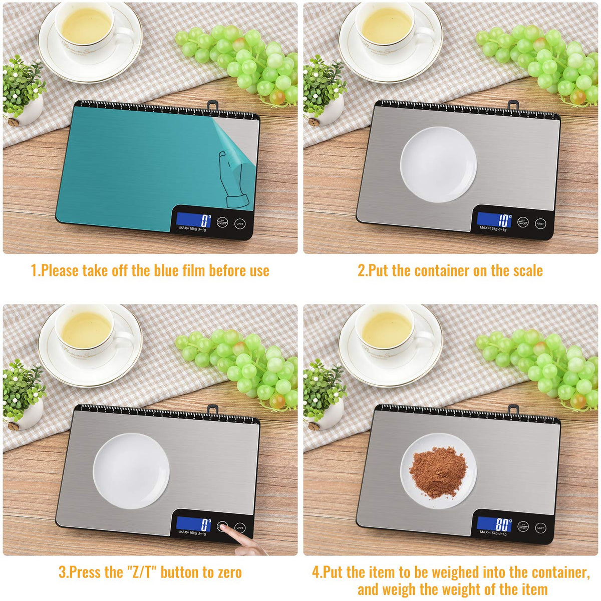 Diyife 15 KG Balanza de Cocina con Panel Grande, Profesional Báscula Digita, Bascula de Comida Alimentos, Tacto Sensible y Pantalla LCD, Función de Tara, con 2 Baterías
