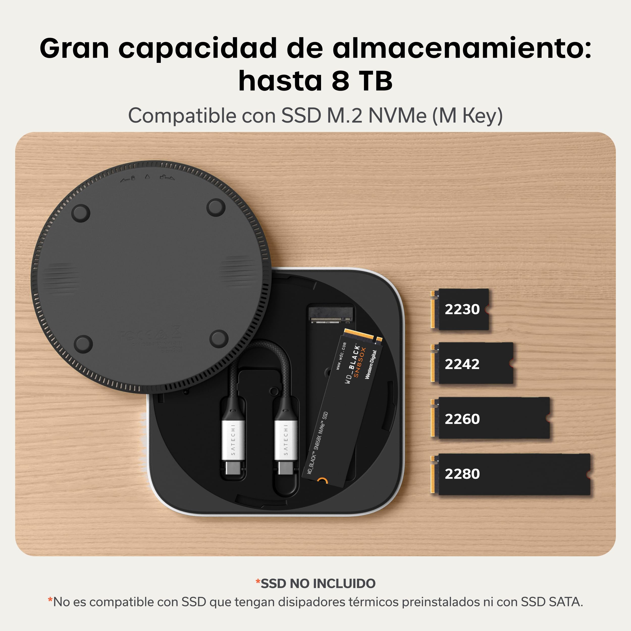 SATECHI Carcasa SSD NVMe USB4 para Mac Mini M4, Carcasa SSD NVMe M.2 con hasta 40 Gbps, hasta 8 TB, para tamaños de 2280/2260/2242/2230 mm, Compatible con Thunderbolt 5/4, USB4 (SSD no Incluido)