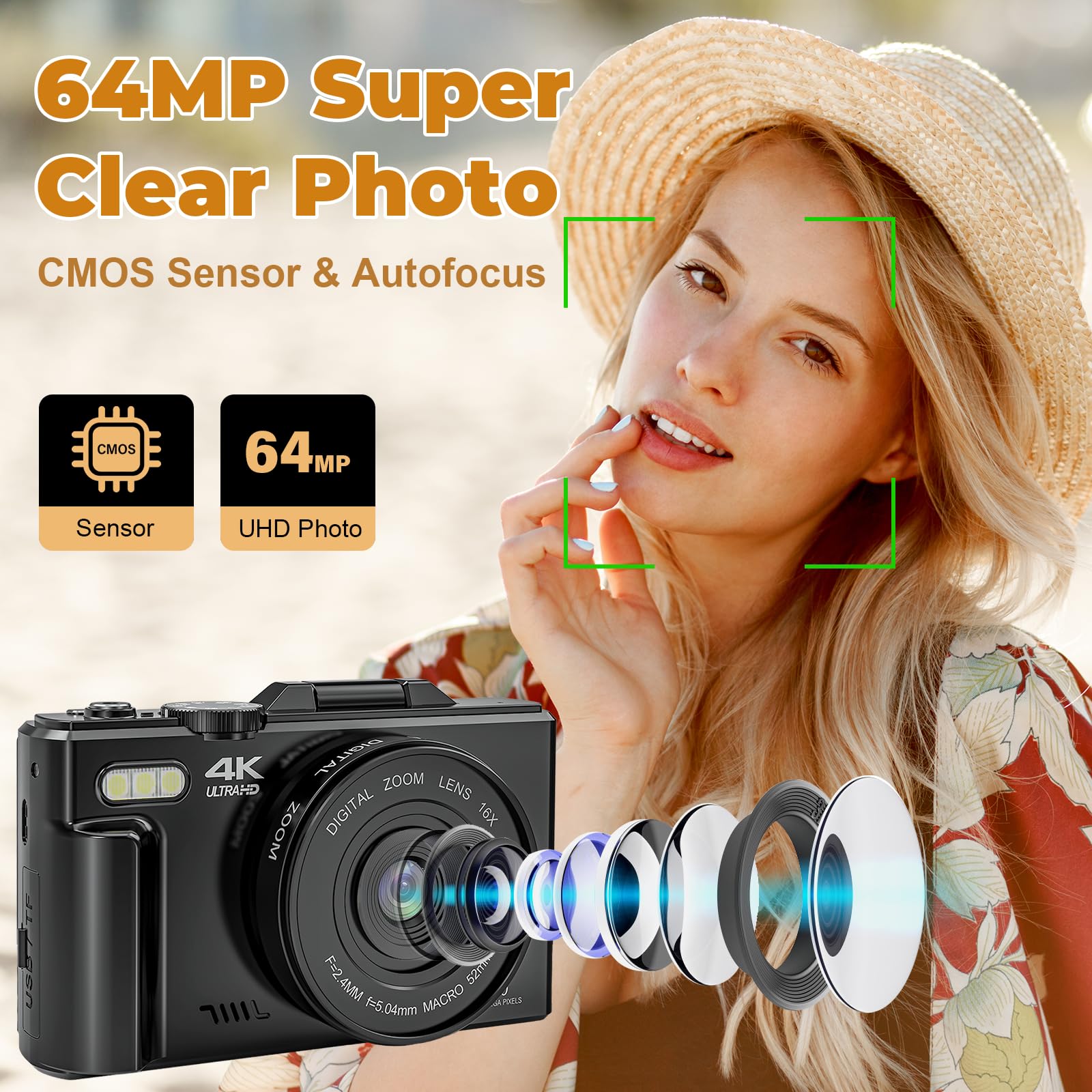Cámara digital 4K – para fotografía, vlogging de 64MP para YouTube – Cámara de video de enfoque automático 3 pulgdas, 180° con zoom 18X, de viaje, compactas, con tarjeta SD de 32 GB, 2 baterías