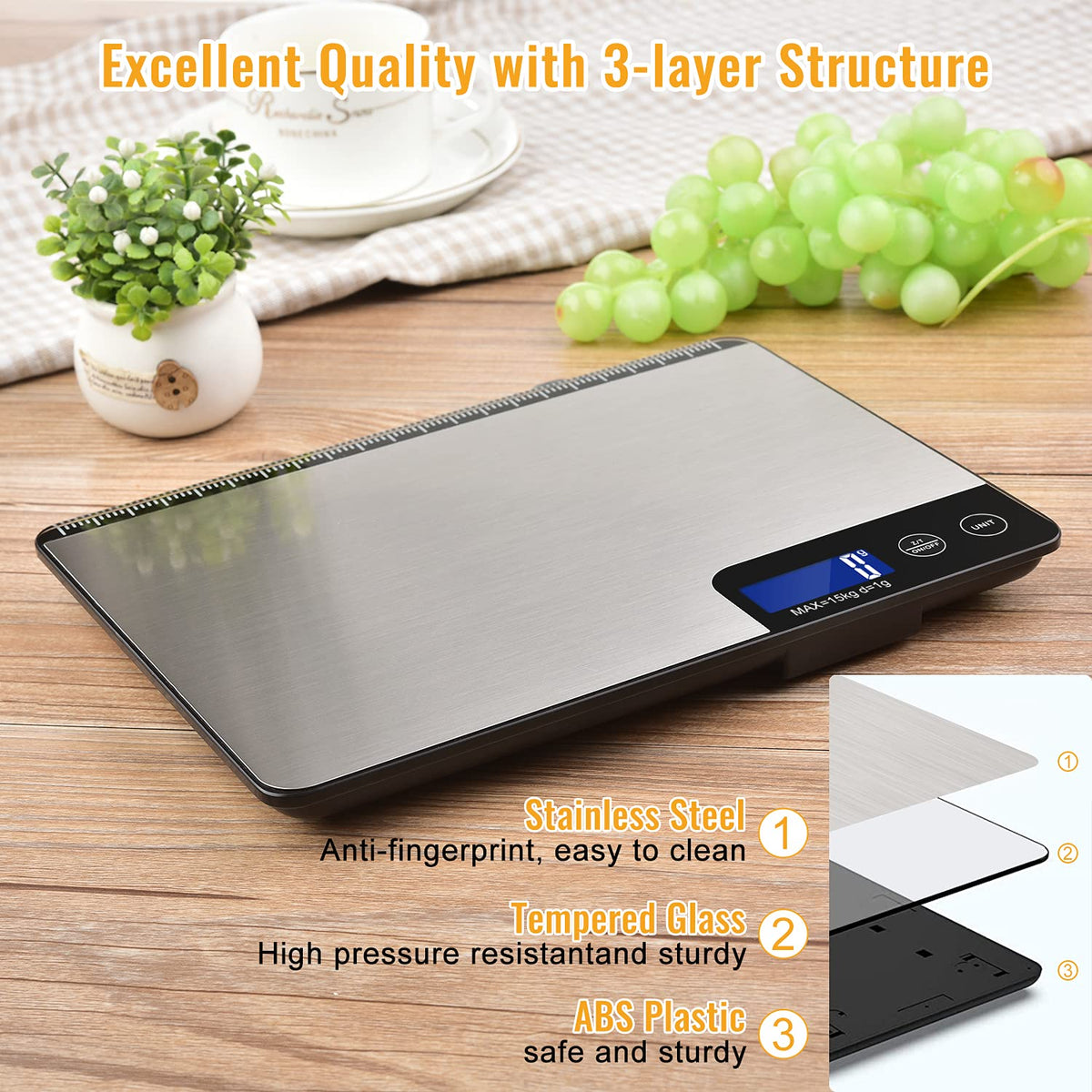Diyife 15 KG Balanza de Cocina con Panel Grande, Profesional Báscula Digita, Bascula de Comida Alimentos, Tacto Sensible y Pantalla LCD, Función de Tara, con 2 Baterías