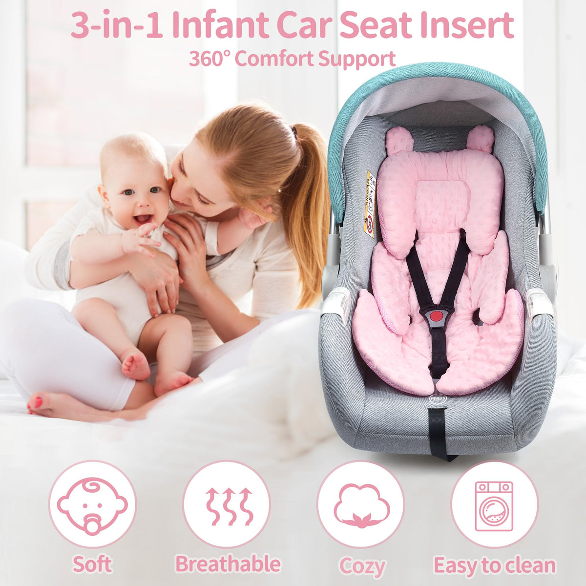 Honeau - Soporte reversible 3 en 1 para asiento de coche, para recién nacido, inserto de asiento de coche 3D Minnky para bebé, cojín de asiento de coche extra suave y transpirable, para niños y niñas,