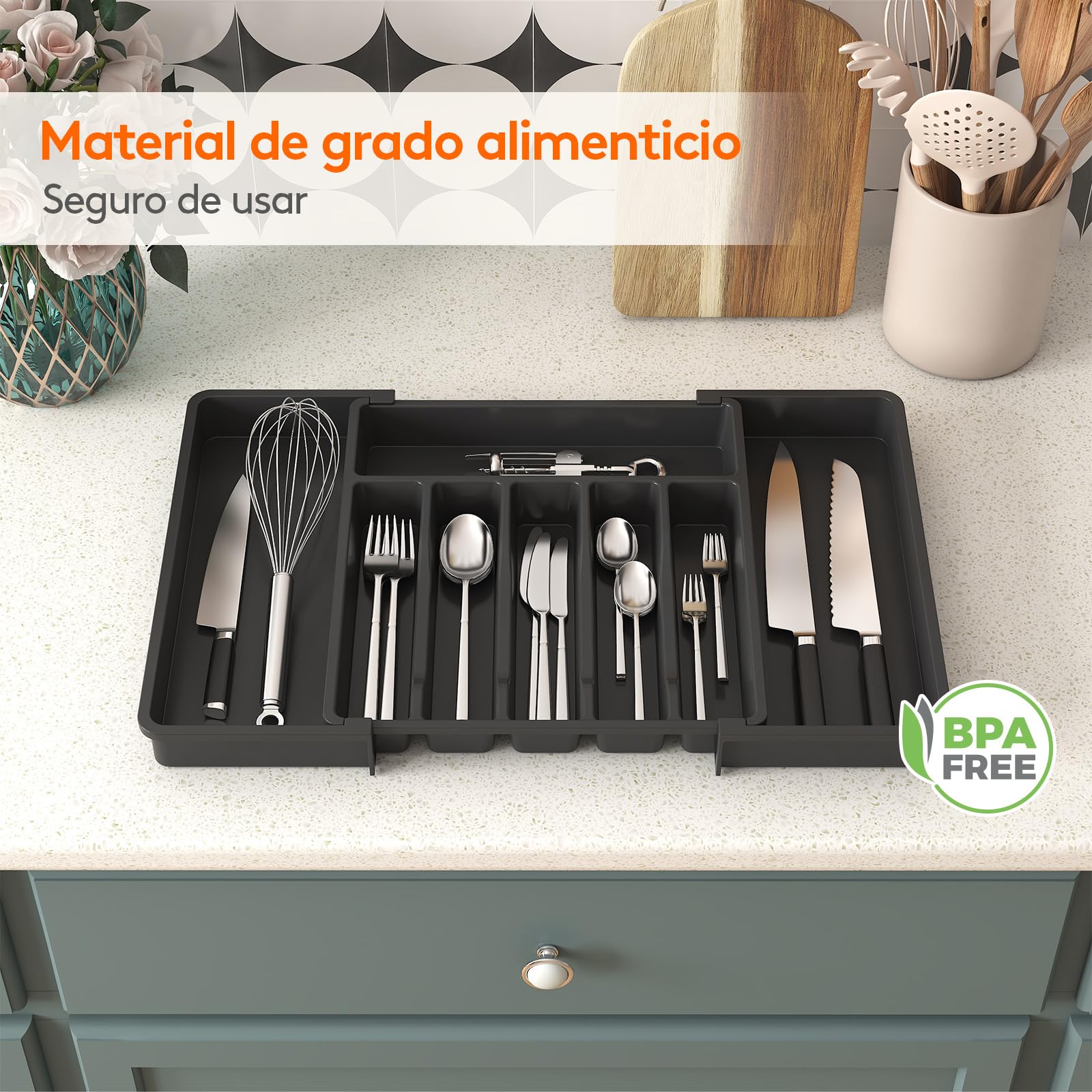 Lifewit Organizador de Cubiertos, Bandeja para Cubiertos Extensible, Cubertero para Cajón para Menaje, Organizador de Cubertería Ajustable y Compacto para Cucharas Tenedores Cuchillos, Grande, Negro