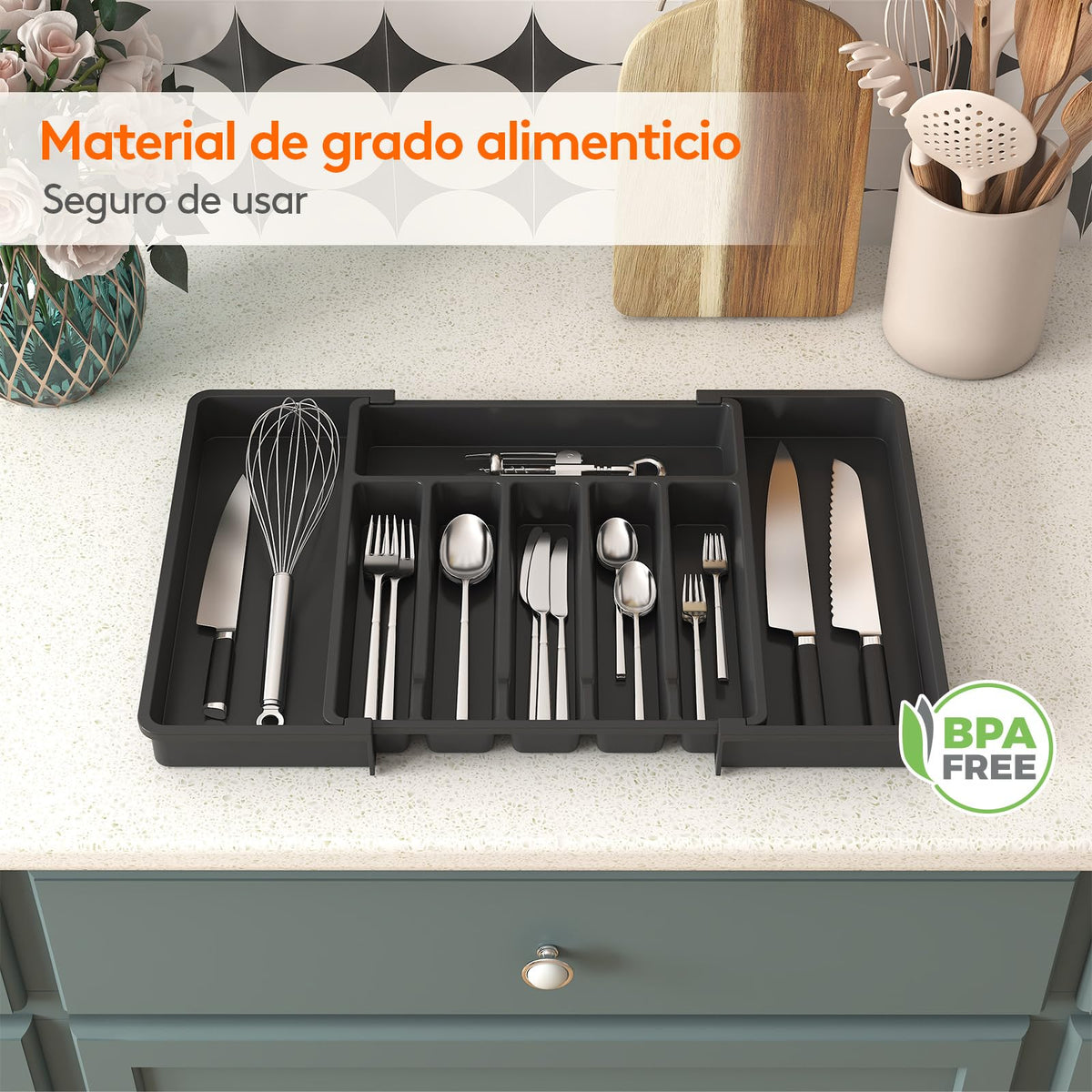 Lifewit Organizador de Cubiertos, Bandeja para Cubiertos Extensible, Cubertero para Cajón para Menaje, Organizador de Cubertería Ajustable y Compacto para Cucharas Tenedores Cuchillos, Grande, Negro