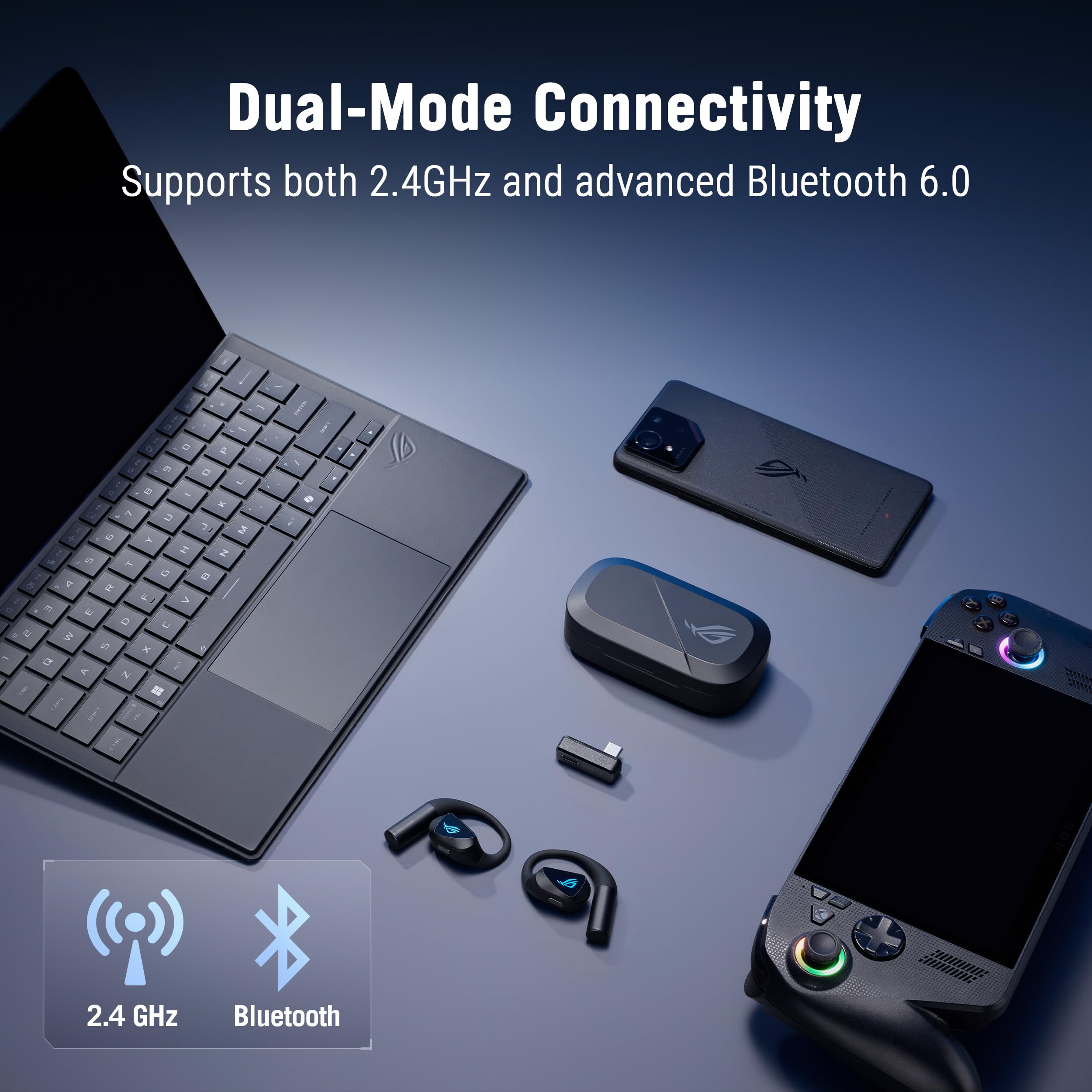 ASUS ROG Cetra - Auriculares Abiertos inalámbricos Abiertos – Modo Dual (BT/2,4 GHz), micrófono con cancelación de Ruido de IA cuádruple, Baja latencia, Tiempo de reproducción de 16 Horas, IPX5