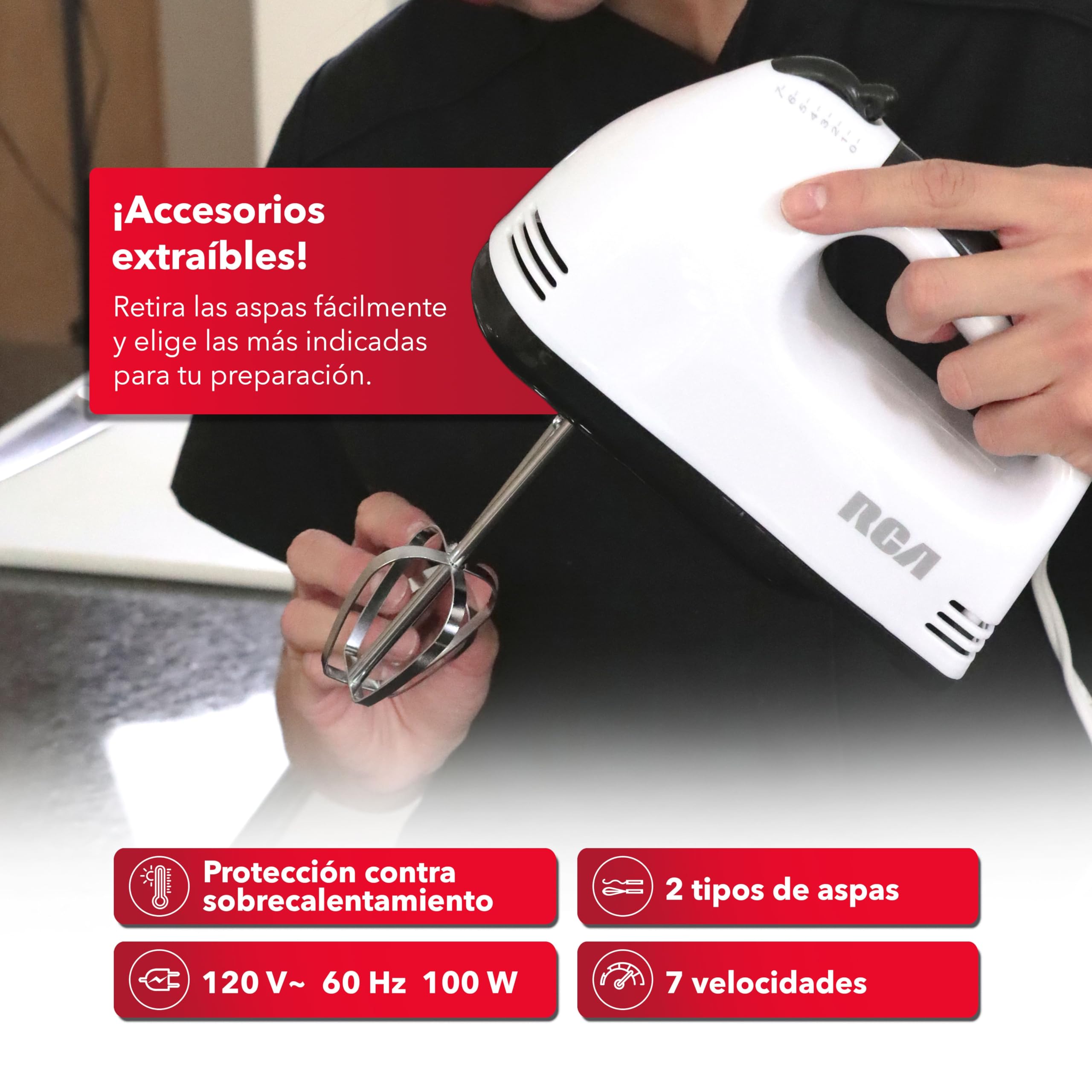 RCA Batidora de Mano RC-093 con 7 Velocidades, Motor de 100 W, Accesorios de Acero Inoxidable, Diseño Compacto, Portátil y Ligero, Ideal para Repostería, Mezclar Masa y Preparación de Alimentos.