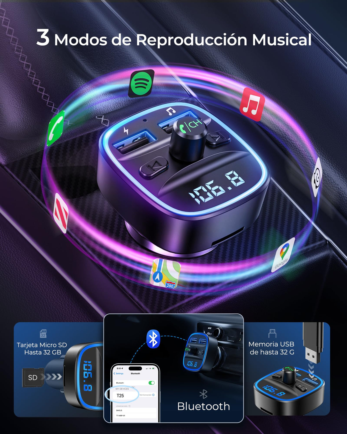 LENCENT Transmisor FM Bluetooth para Auto, Reproductor Música para Carro, Adaptador Bluetooth Coche con Dual USB 5V/2.4A&1A, Soporta Tarjetas SD, Memoria USB, Llamadas Manos Libres, Asistente de Voz